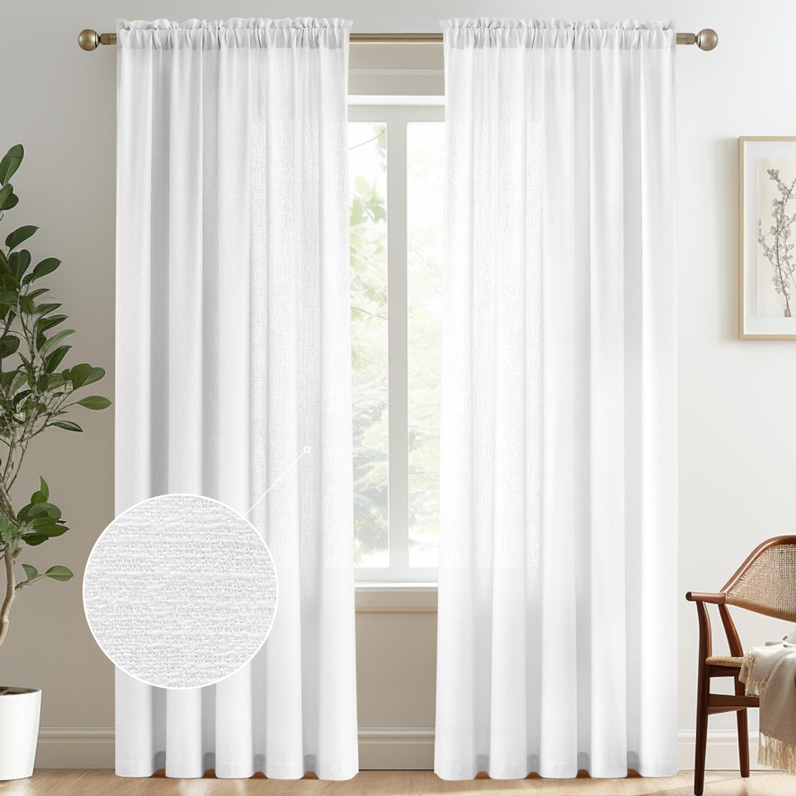 Melodieux White Semi Sheer Curtains 84 Inches Long For Living Room - Linen Look Bedroom Rod Pocket Voile Drapes, 52 By 84 Inch (