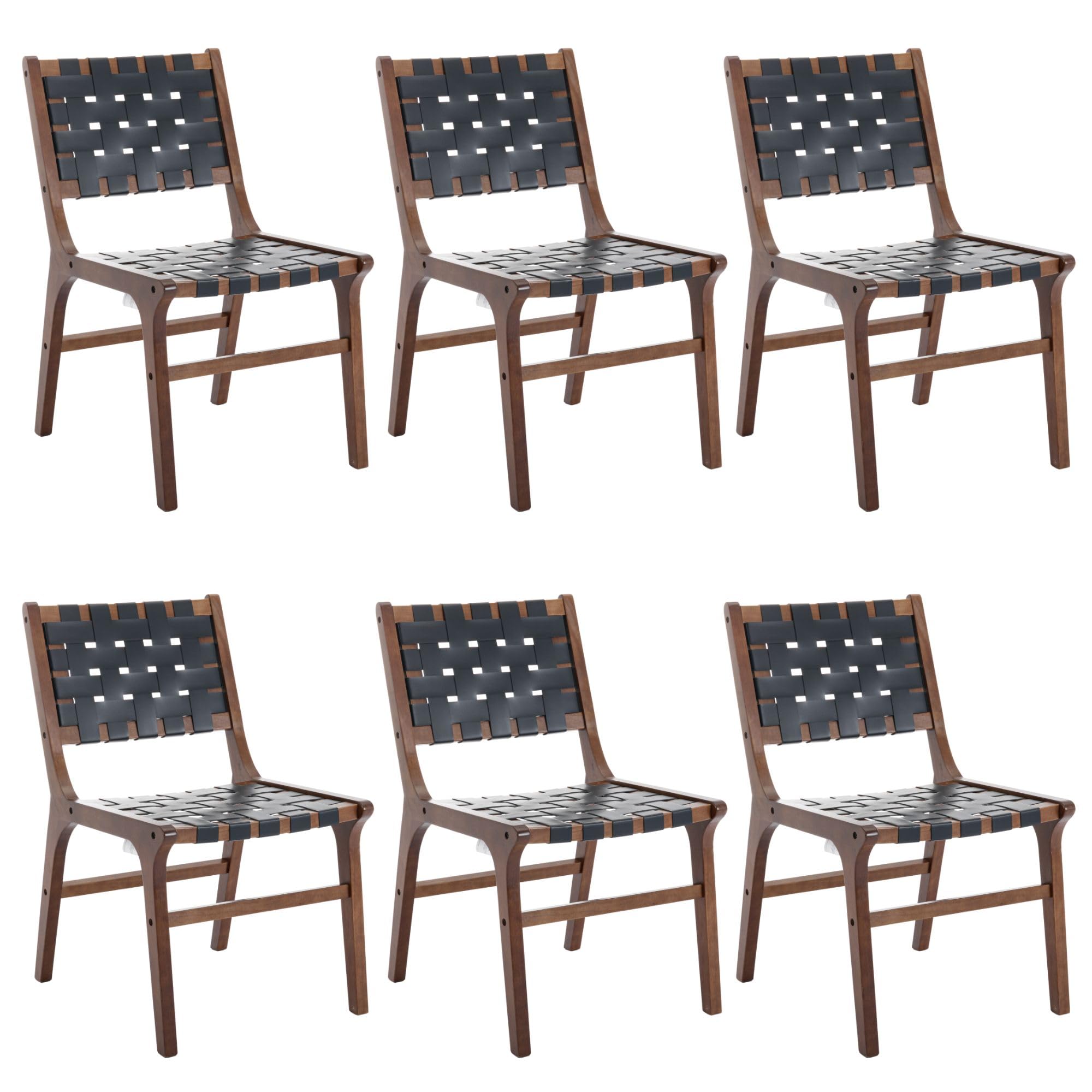 Dm Furniture Modern Dining Chairs Set Of 6 Farmhouse Kitchen Chairs Pu Leather Dining Room Chairs Wood Frame Woven Strips Side C