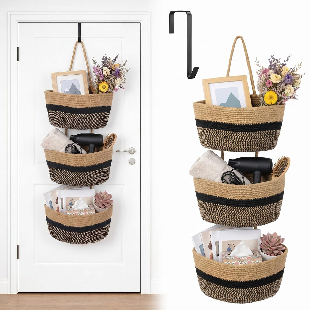 3 Tier Over the Door Hanging Basket, 35 Cotton Woven Organizer with Hooks