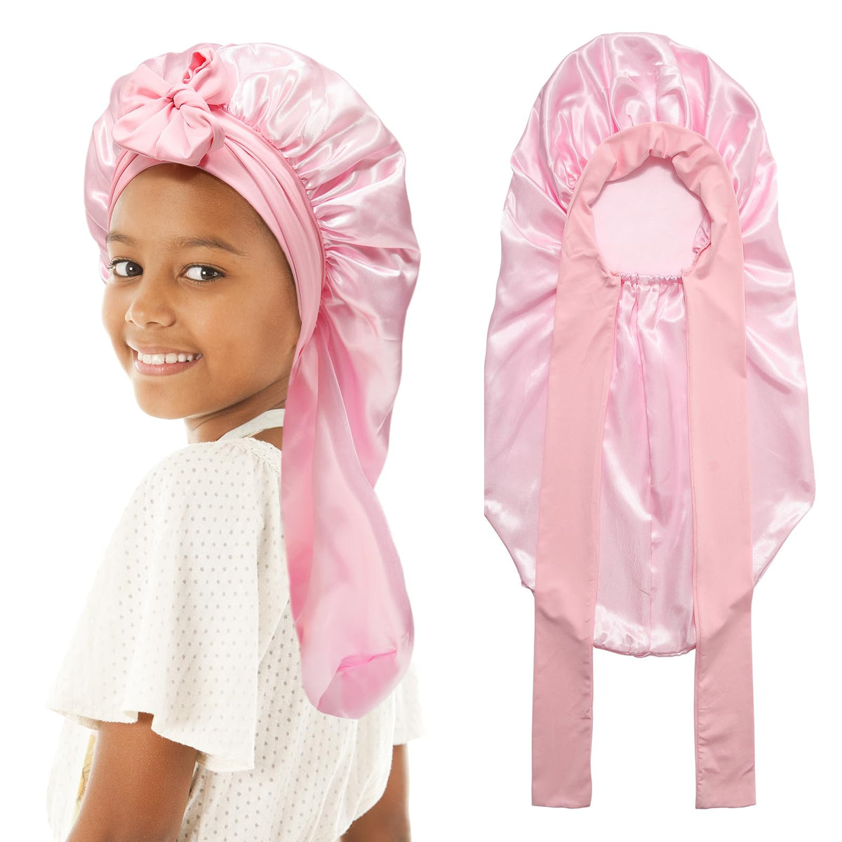 Kids Long Hair Bonnet for Sleeping - Double Layer Girls Elastic Satin Bonnet with Tie Band for Braid Curly Hair (Pink)