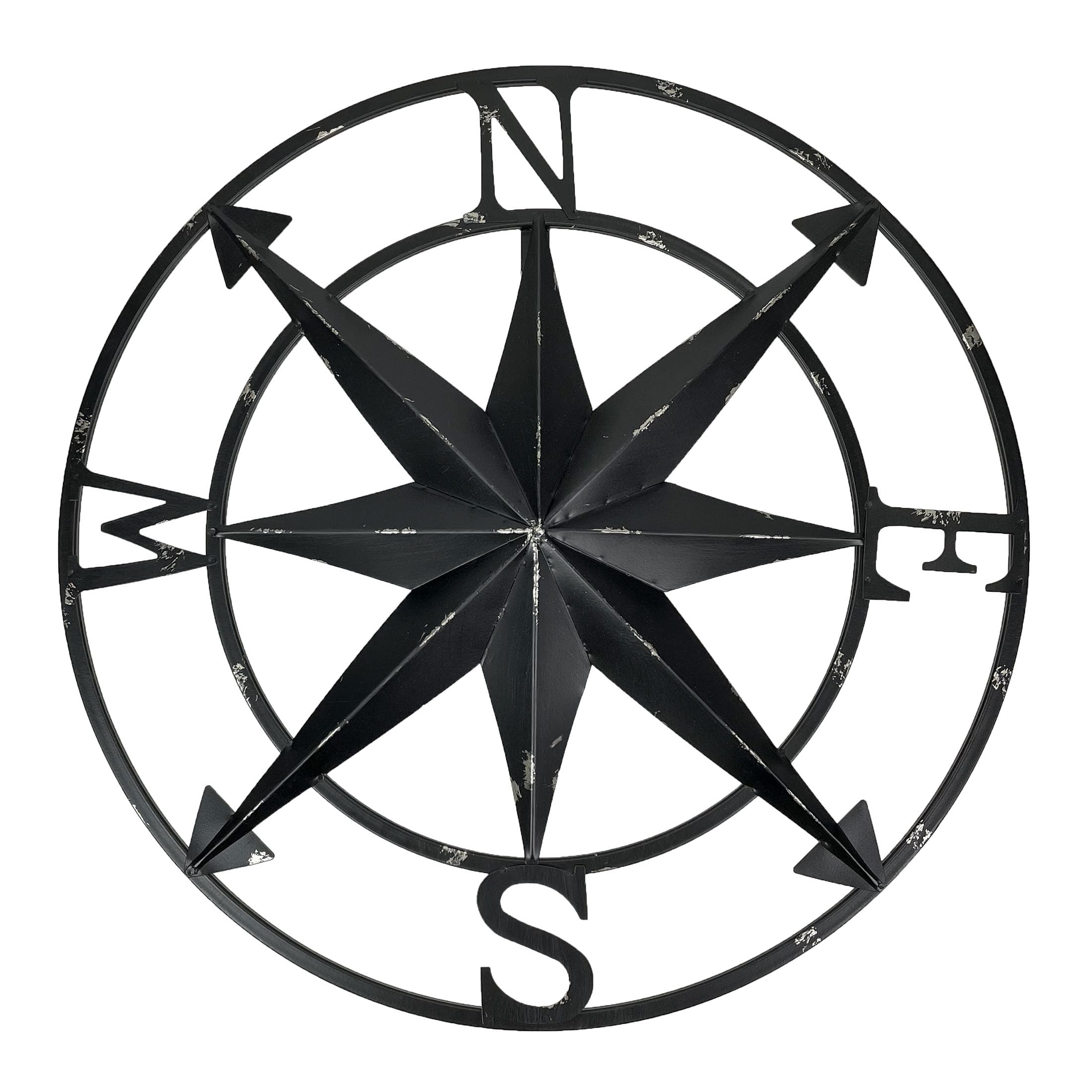Zeckos Distressed Metal Nautical Compass Rose Wall D  cor - Rustic 20-Inch Diameter Hanging Art with Vintage Black Enamel Finish