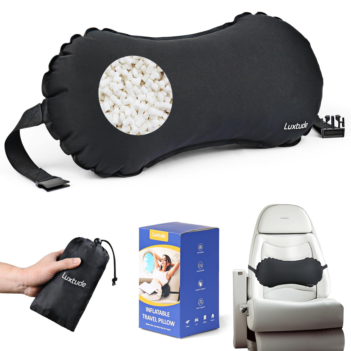 Luxtude Inflatable Lumbar Pillow For Airplane Travel, Lumbar Support Pillow For Office Chair/Car, Self-Inflating Travel Lumbar P