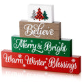 Gerrii 4 Pcs Christmas Table Decor Wooden Block Signs Tabletop Decor Rustic Christmas Tiered Tray Decor Farmhouse Christmas Bloc