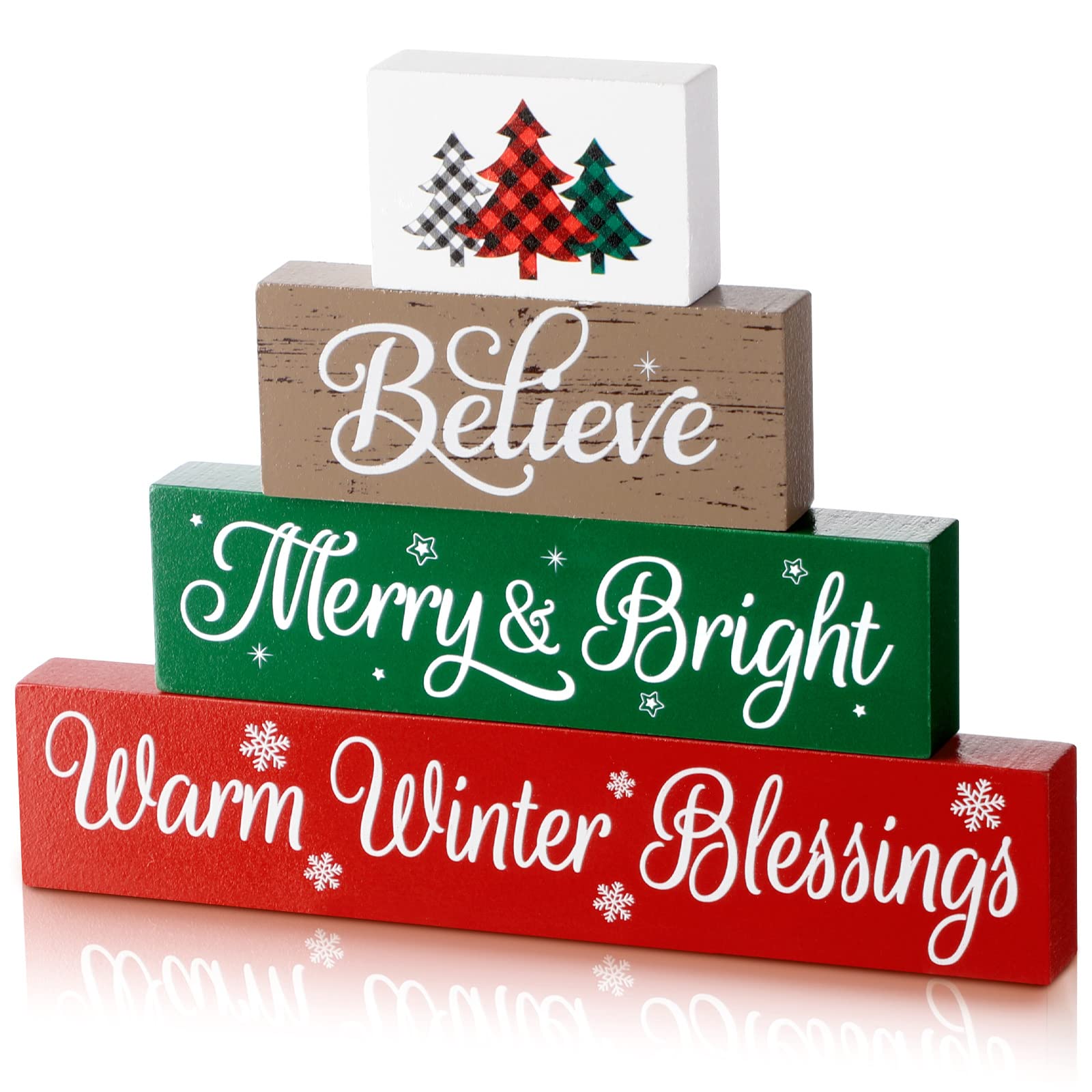 Gerrii 4 Pcs Christmas Table Decor Wooden Block Signs Tabletop Decor Rustic Christmas Tiered Tray Decor Farmhouse Christmas Bloc