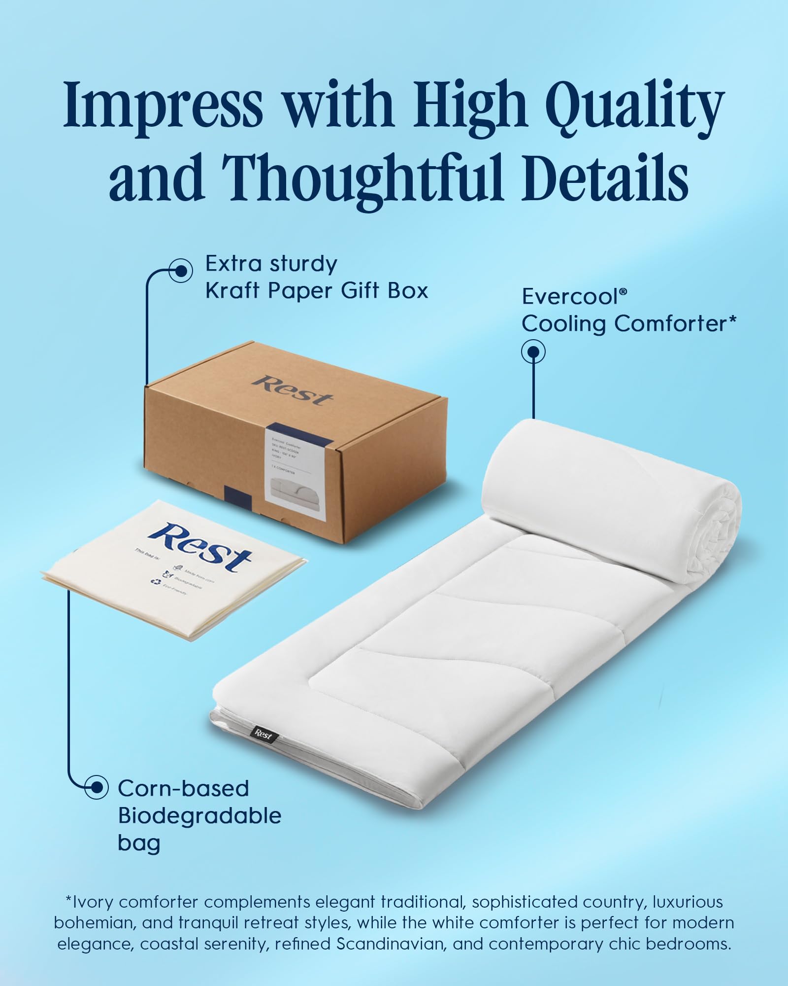 Rest® Evercool® Cooling Comforter, Full/Queen, Blanket For Hot Sleepers, All Season Bedding To Keep Cool For Night Sweats, Breathable Lightweight Blanket, 90'X90' Inches, Arctic White