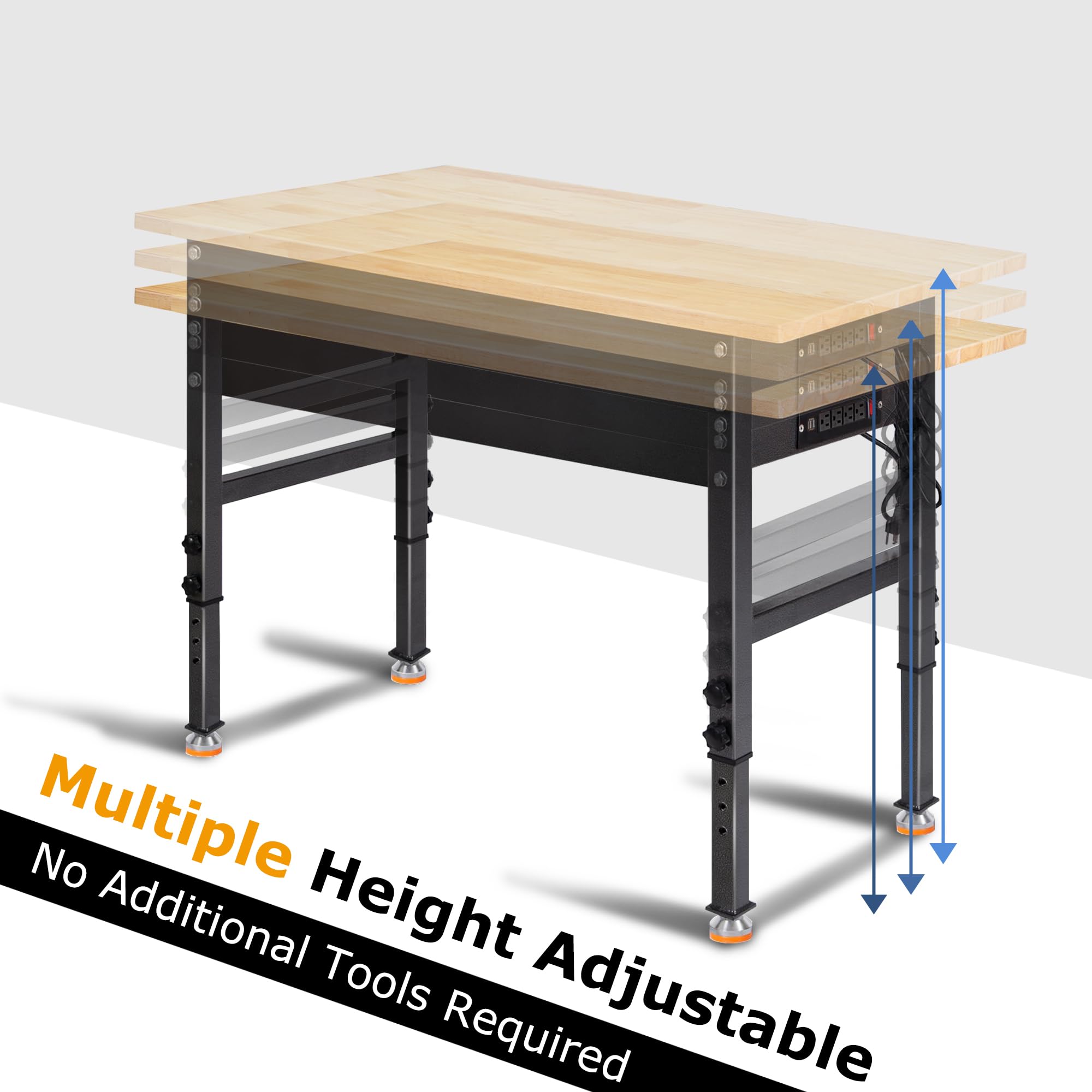 48' Adjustable Work Bench, Rubber Wood Top Workbench Heavy-Duty Work Table With Power Outlet, 2000 Lbs Load Capacity Hardwood Work Benches For Garage, Workshop, Home, Office, Easy Assembly