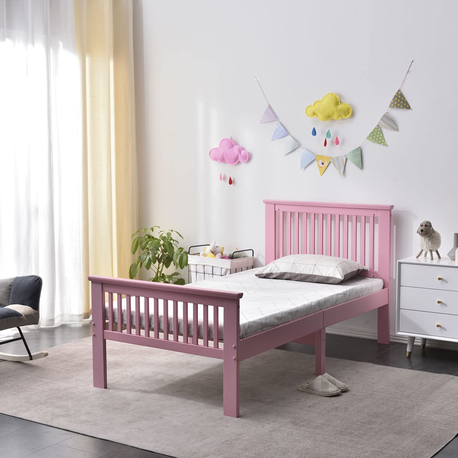 Twin Solid Wood Platform Bed with Headboard/Pine Twin Bed (Pink)