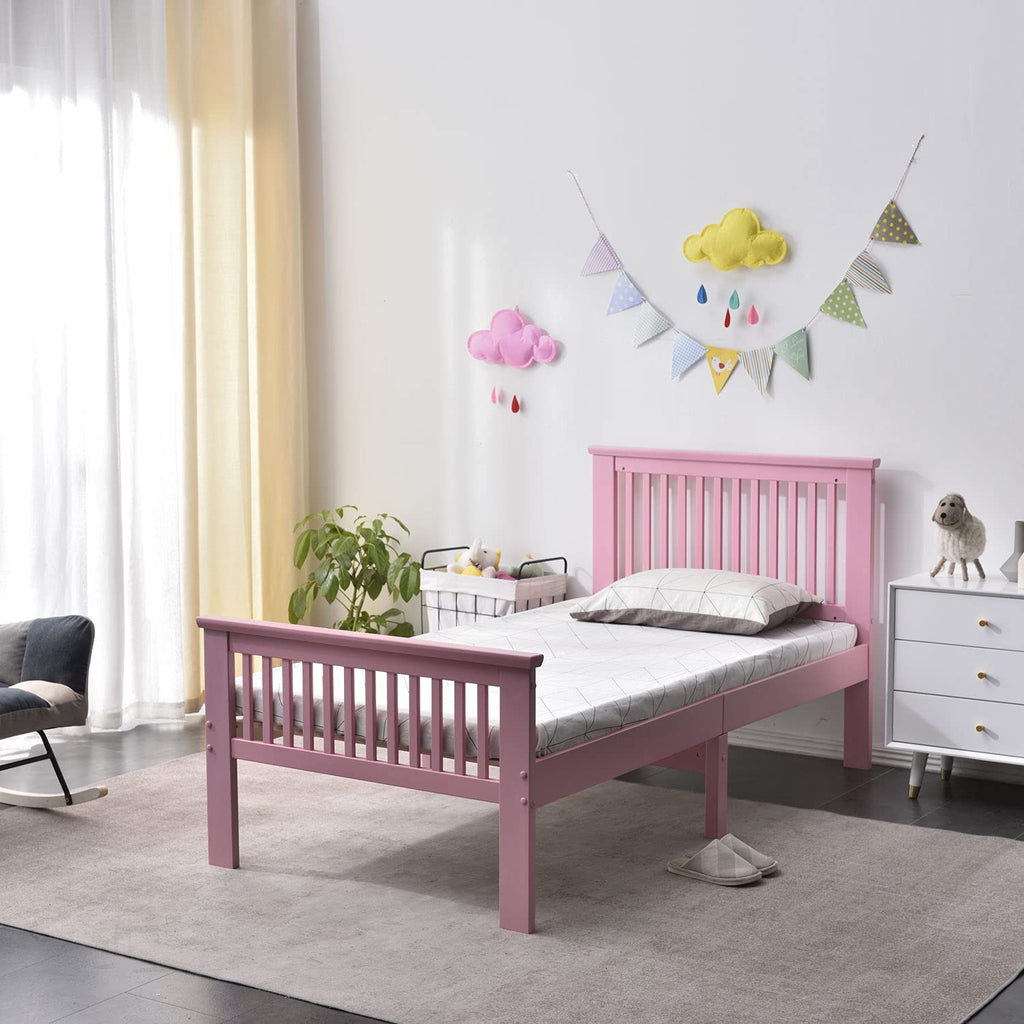 Twin Solid Wood Platform Bed with Headboard/Pine Twin Bed (Pink)