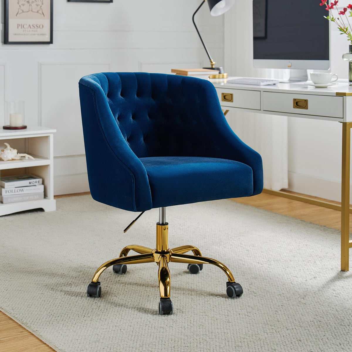 Tina'S Home Velvet Home Office Chair With Gold Base, Comfortable Modern Cute Desk Chair, Adjustable Swivel Task Chair For Living