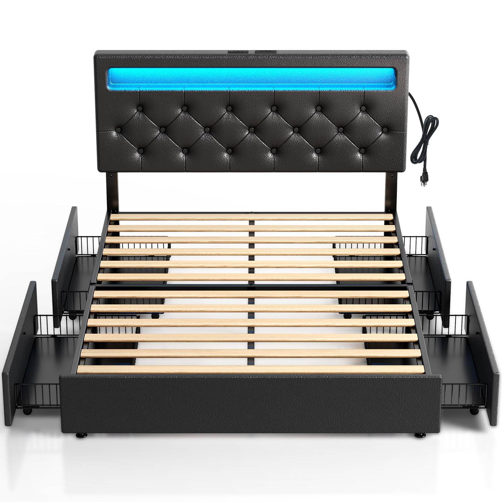 Rolanstar Full Size Bed Frame With Led Lights And Usb Ports, Upholstered Pu Leather Bed With Adjustable Headboard And 4 Storage Drawers, No Box Spring Needed, Easy Assembly, Black
