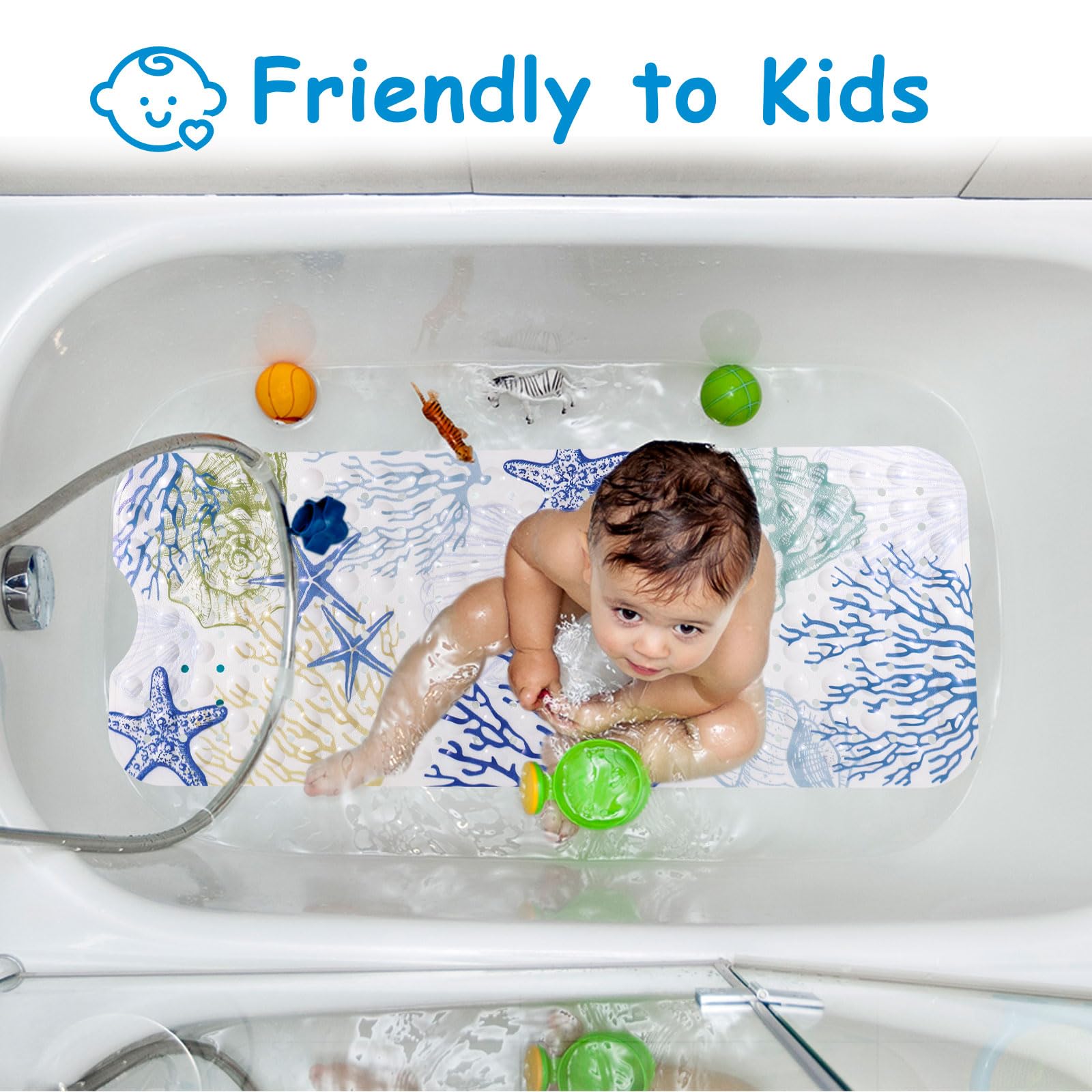 Topotdor Nautical Coastal Bathtub Mat Non Slip For Shower Tub, 40 X 16 Inch Extra Long Bath Mat For Elderly & Kids, Machine Wash