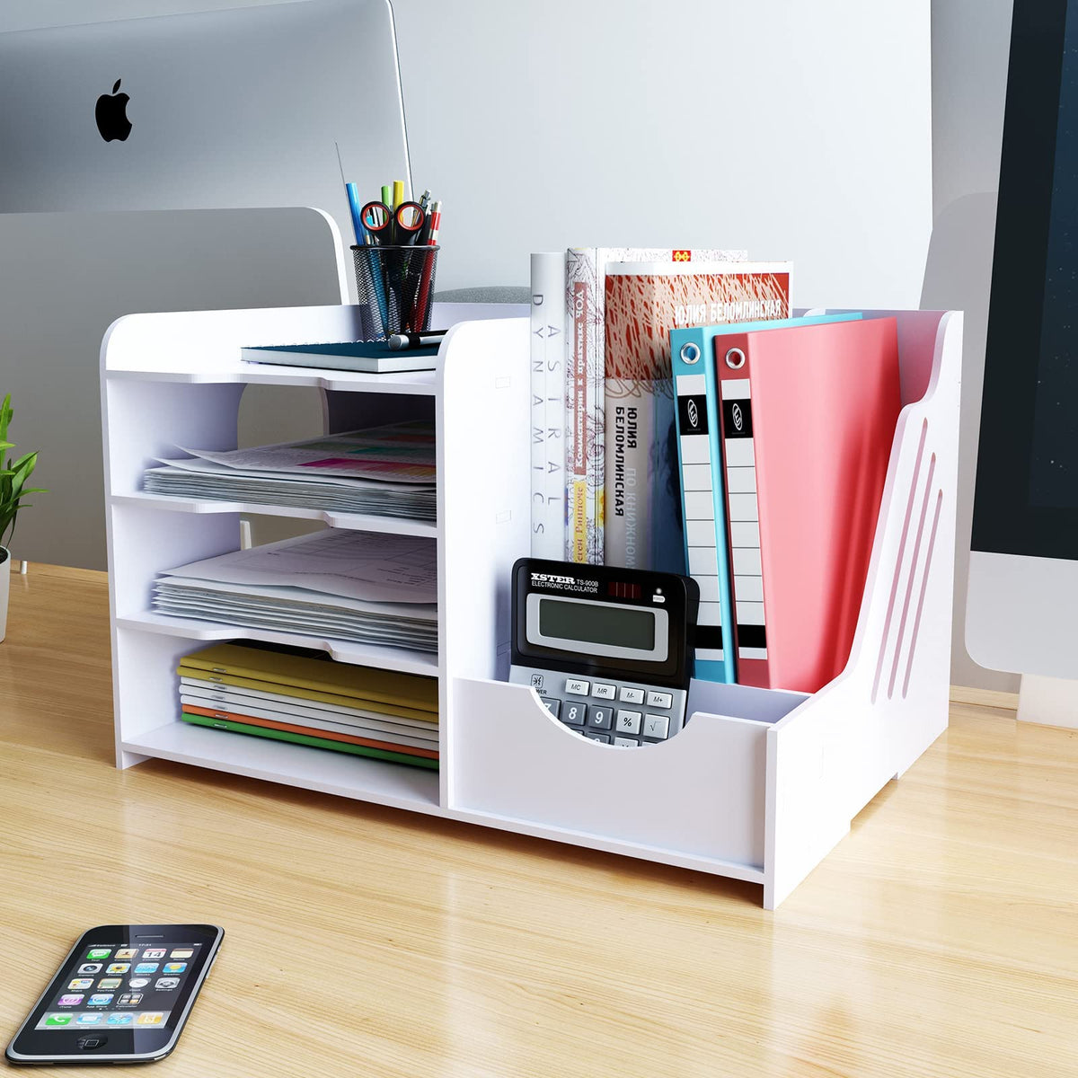 Natwind 4-Tier Office White Desktop Organizer Paper File Rack with Vertical Horizontal File Holder All in One Supplies Storage B