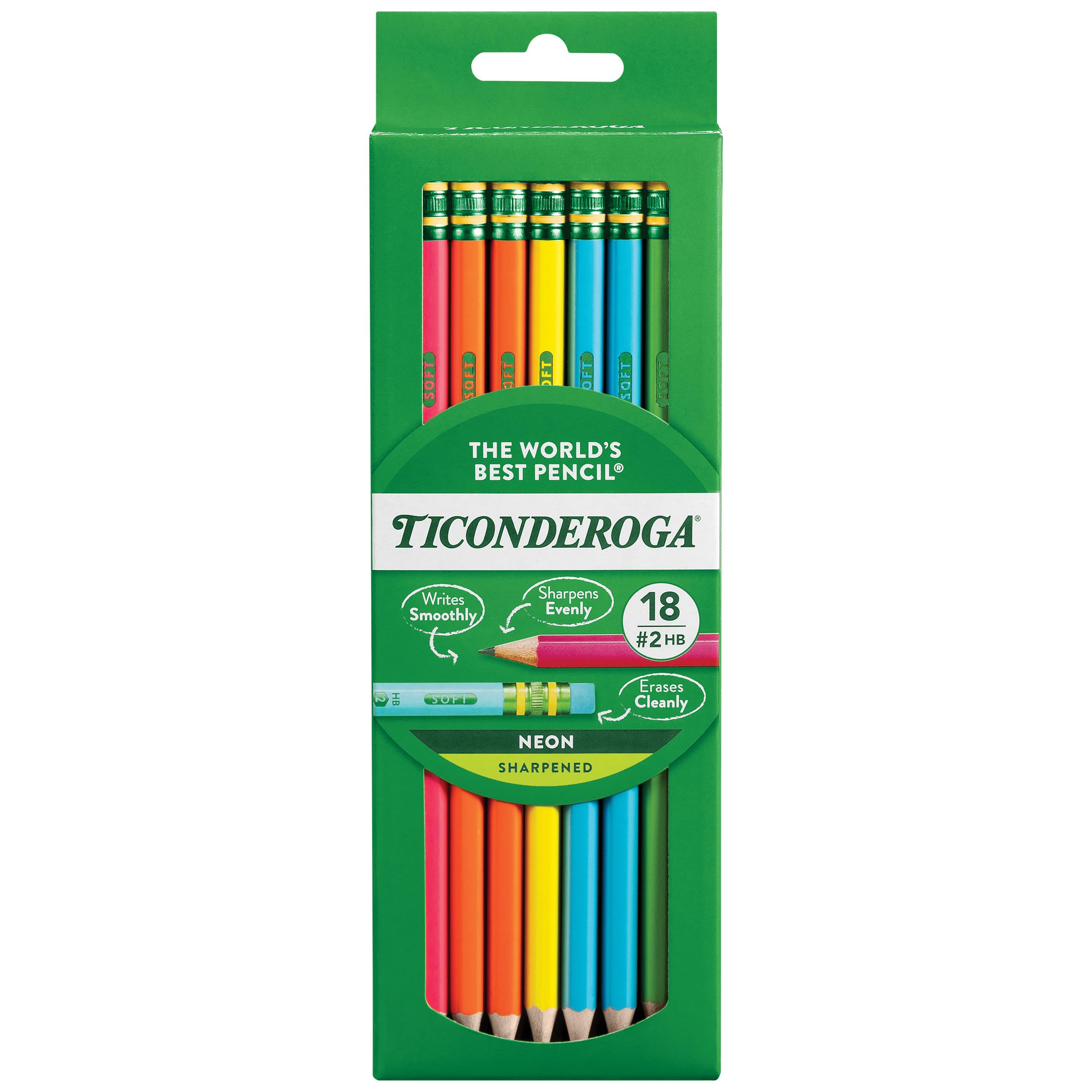 Ticonderoga Wood-Cased Pencils, Pre-Sharpened, #2 Hb Soft, Neon Colors, 18 Count