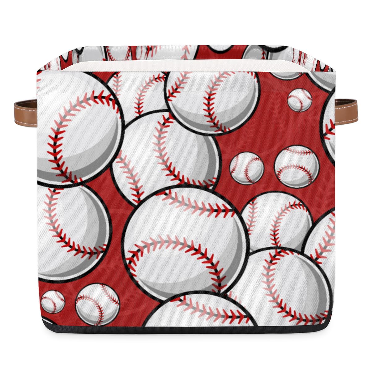 OMFUNS Baseball Sport Storage Basket 13x13 Ball Theme Collapsible Cube Storage Bin with Handle Fabric Storage Box Organizing for