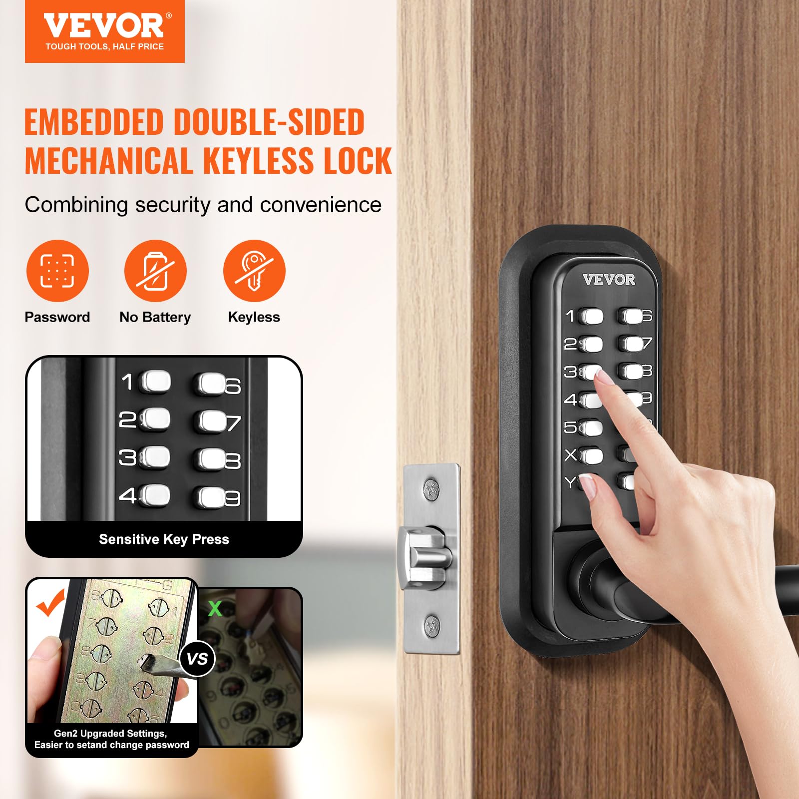 Vevor Mechanical Keyless Entry Door Lock, 14 Digit Keypad, Water-Proof Zinc Alloy, Double-Sided Embedded Outdoor Gate Door Locks