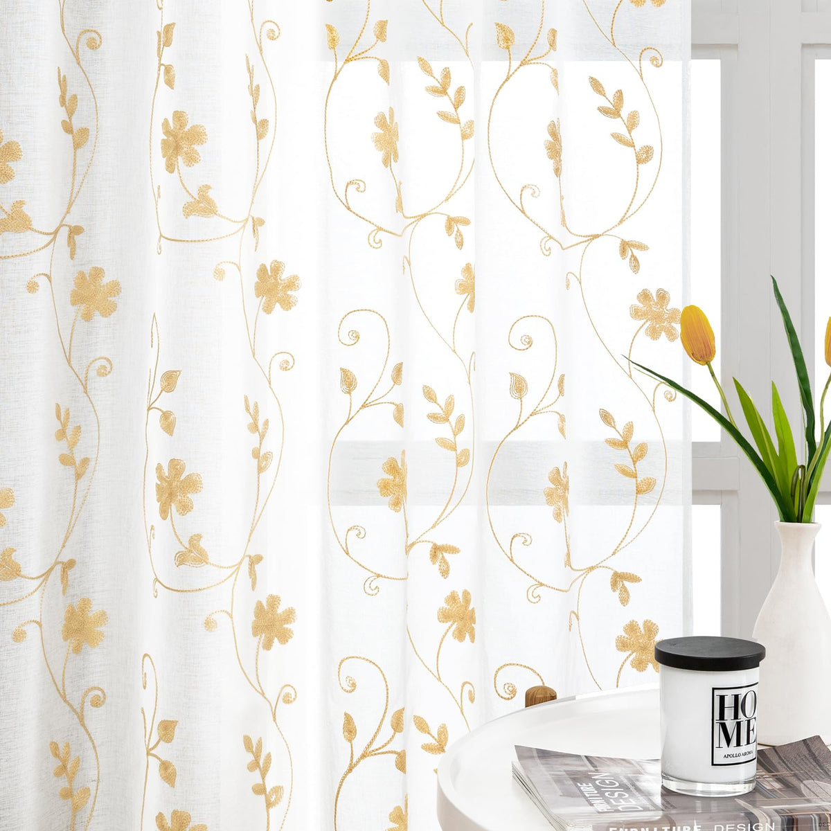 Homeideas Yellow Sheer Curtains 63 Inch Length 2 Panels Yellow And White Embroidered Floral Sheer Pattern Curtains Semi Sheer Wi
