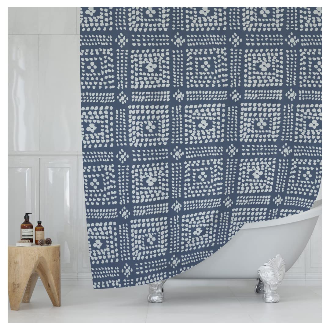 Worthwhile Goods Modern Blue Shibori Print Shower Curtain - Boho Geometric Dot Pattern - Mudcloth Design - Decorative Fabric Sho