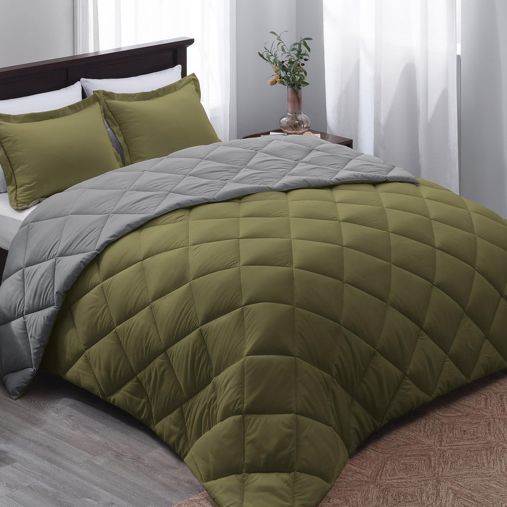 Basic Beyond Twin Comforter Set - Olive Green Comforter Set Twin, Reversible Twin Bed Comforter Set For All Seasons, Olive Green/Charcoal Gray, 1 Comforter (66'X92') And 1 Pillow Sham (20'X26'+2')