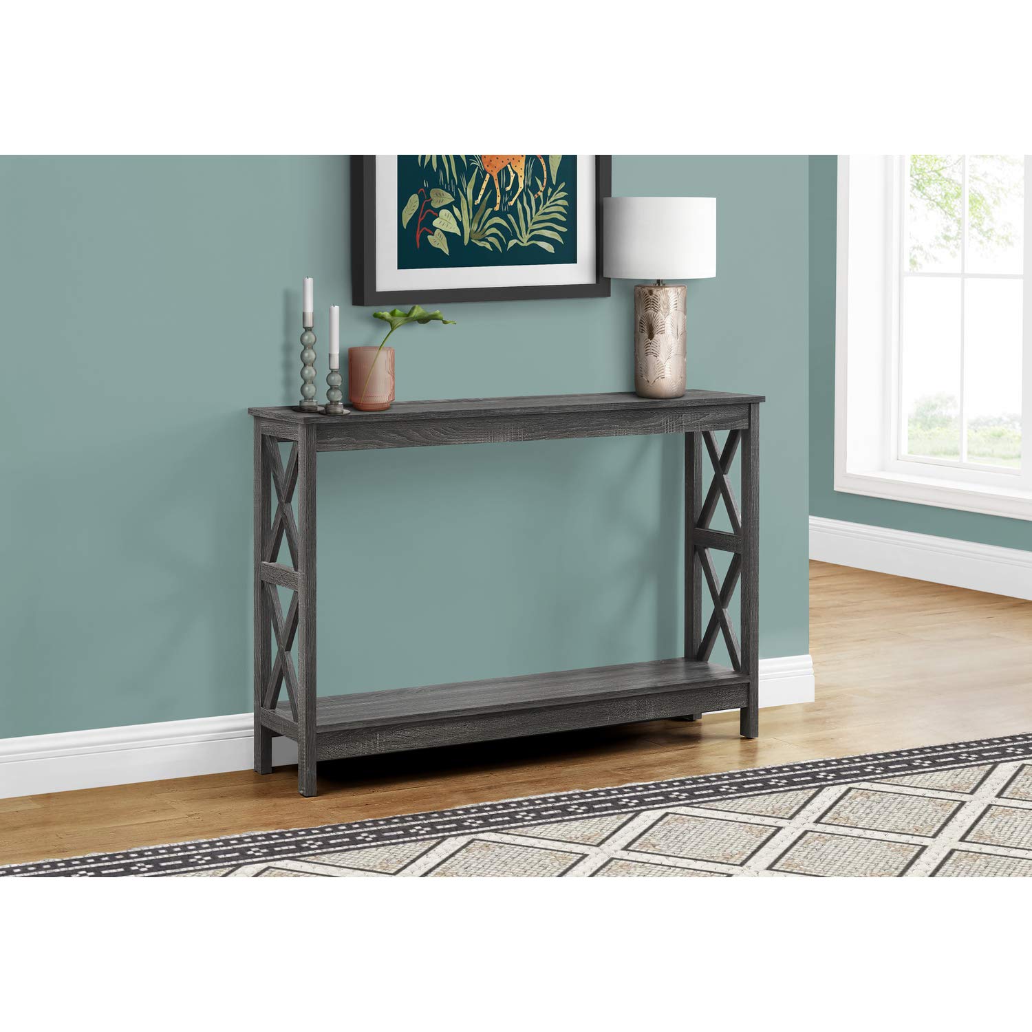 Monarch Specialties 3580 Accent Table, Console, Entryway, Narrow, Sofa, Living Room, Bedroom, Metal, Laminate, Grey, Black, Contemporary, Modern Table-48 Hall, 48&quot; L X 12&quot; W X 31.75&quot; H