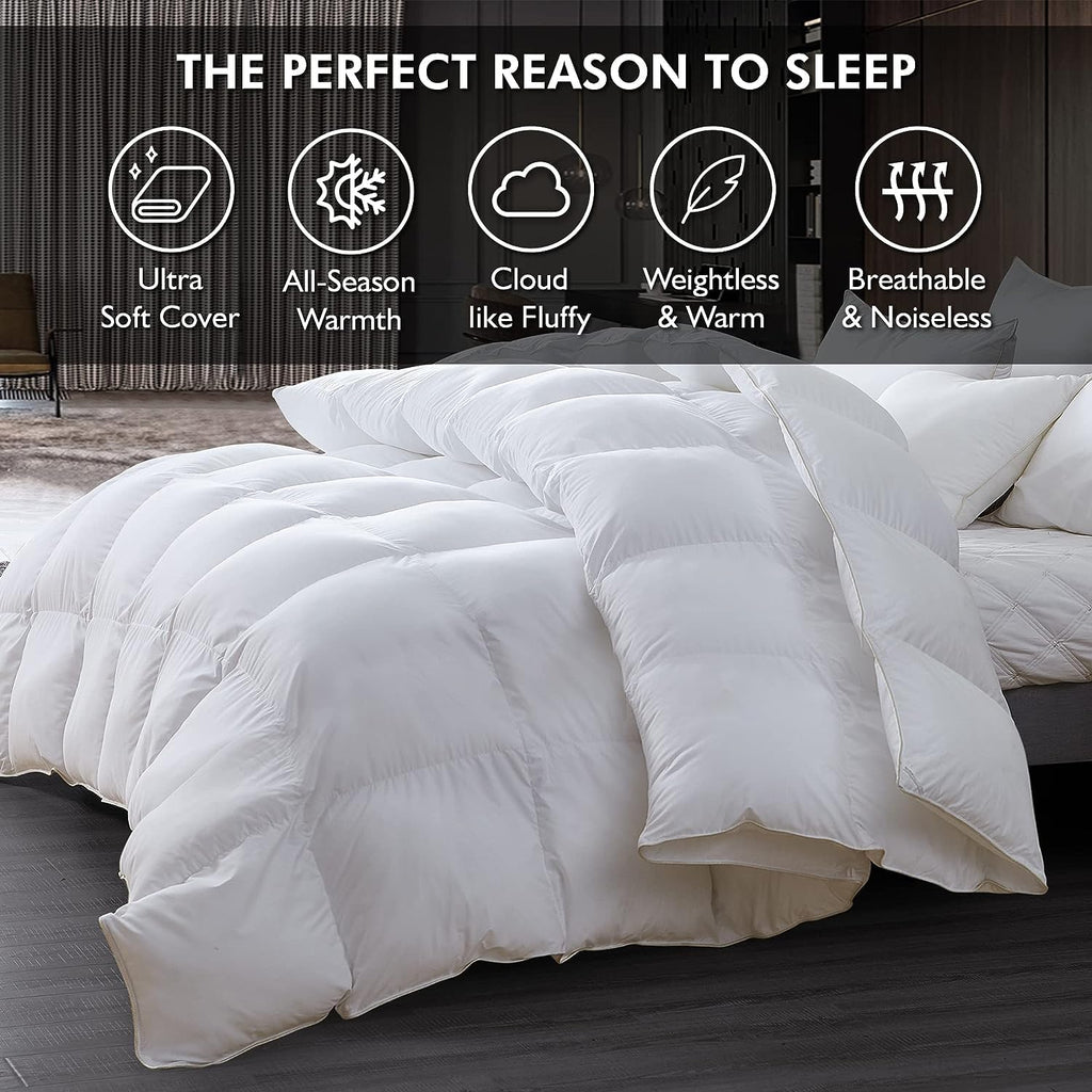 EGYPTIAN BEDDING Super King Comforter 120" x 120" Goose Down Fiber 100% Egyptian Cotton White Baffle Box