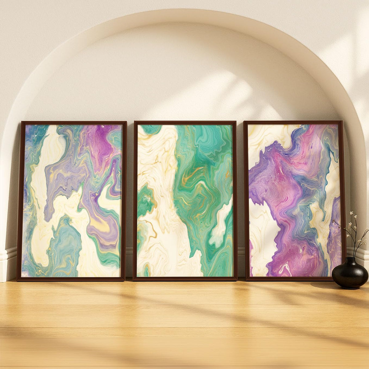 SoulAbiti Pastel Marblelling Texture set of 3 Framed Wall Print 12x18 inch Dark Brown Frame PlexiGlass Abstract Art ready to ha