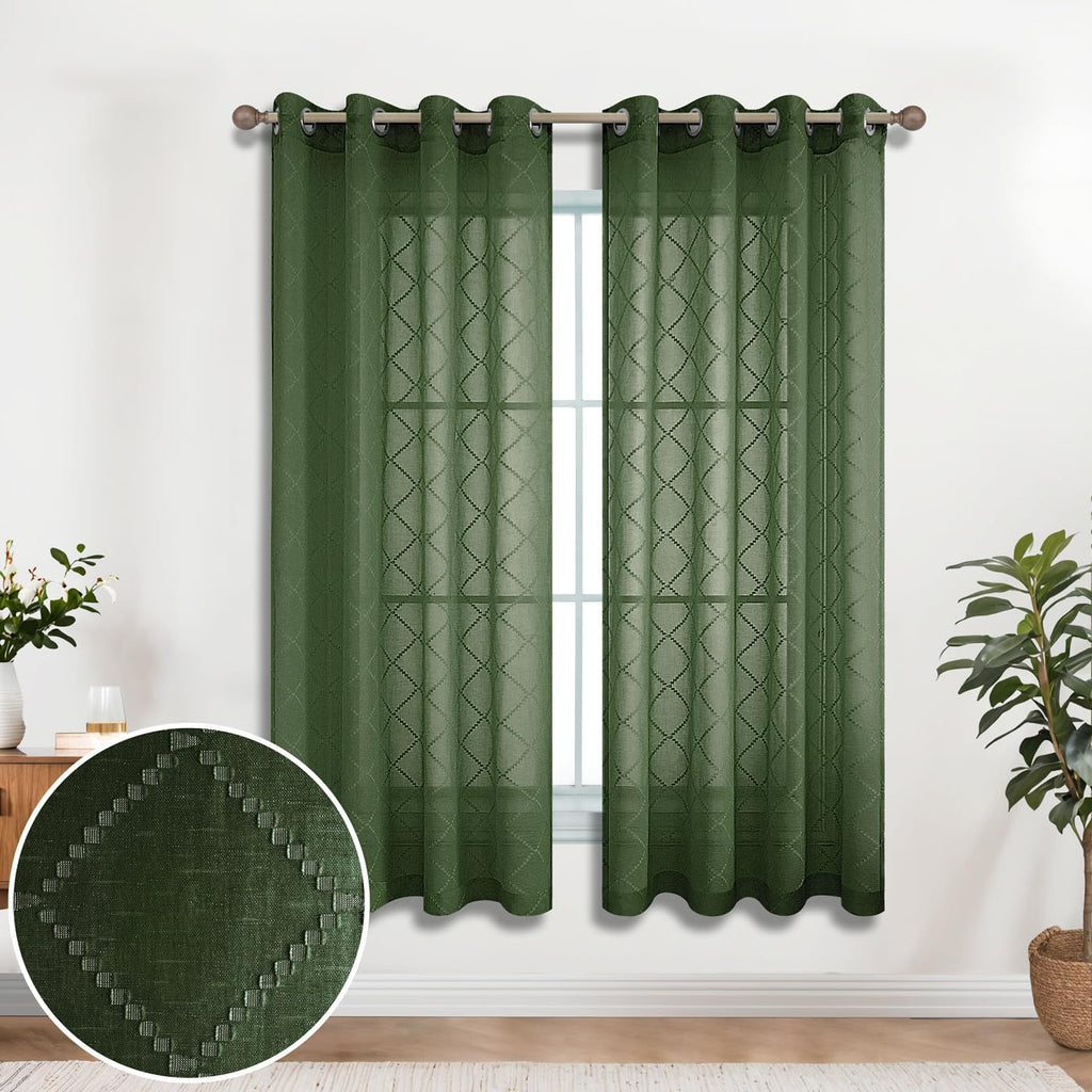 Olive Green Grommet Diamond Linen Look Sheer Curtains 52X63 Inch Length