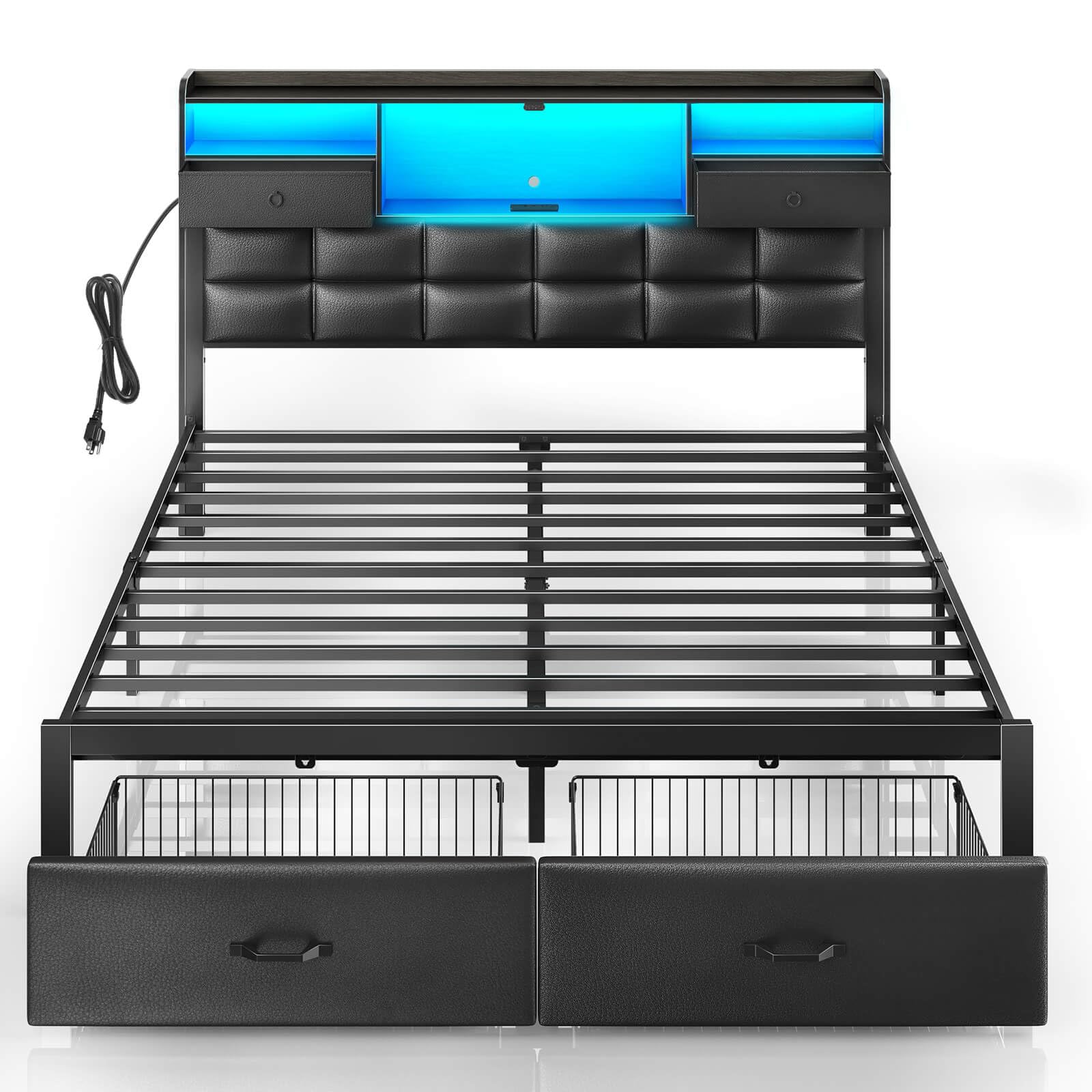 Rolanstar Bed Frame Full Size With Drawers And Charging Station, Upholstered Platform Bed With Storage Headboard And Led Light, Heavy Duty Metal Frame Support, No Box Spring Needed, Noise Free, Black