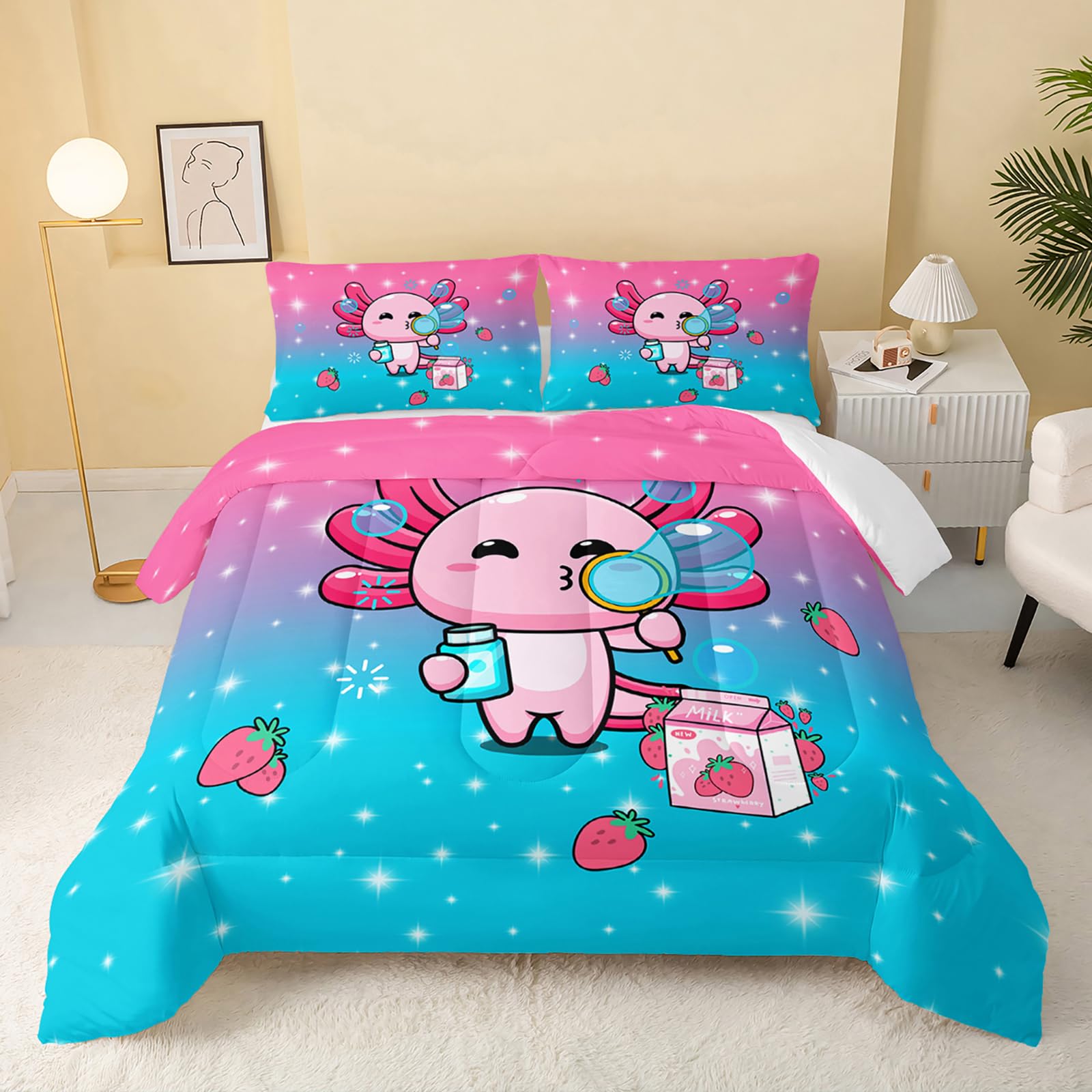 Qoomo Kawaii Axolotl Comforter,Pink Salamander Comforter Set For Kids Teens Girls,3Pcs Bedding Set Printed Comforter With 2 Pill
