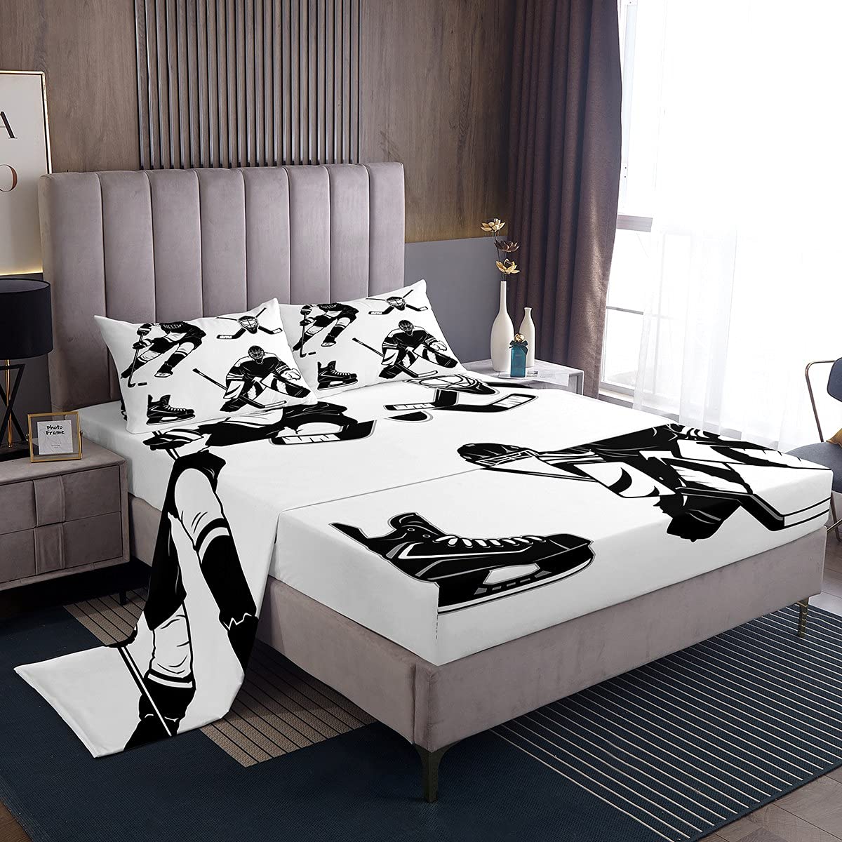 Feelyou Boys Ice Hockey Bedding Set For Kids Children Hockey Player Printed Bed Sheet Set Decorative Sports Event Bed Sheets Bla