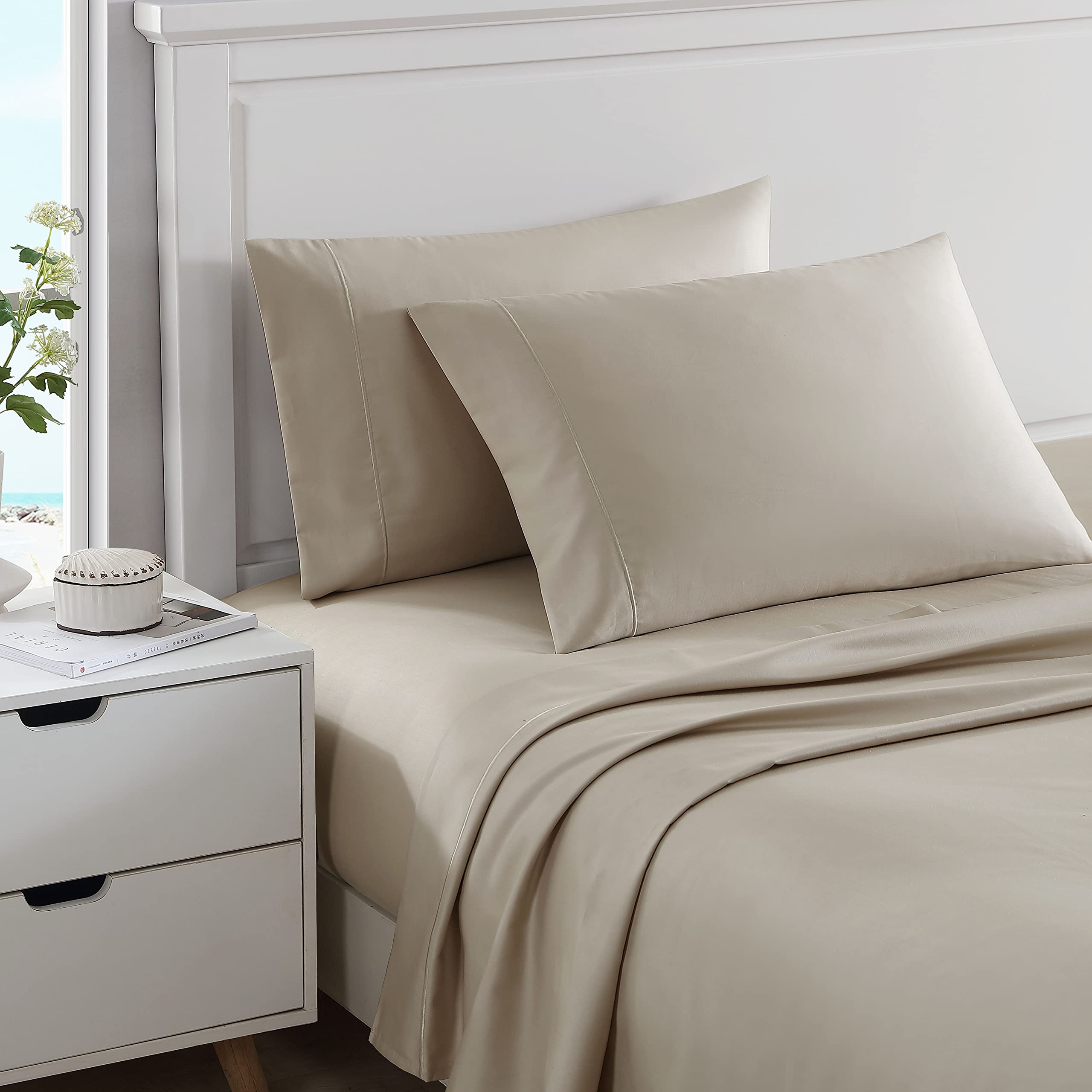 Nautica - Queen Sheets, Cotton Sateen Bedding, 400 Thread Count, Silky Smooth & Wrinkle Resistant (Regatta Beige, Queen)