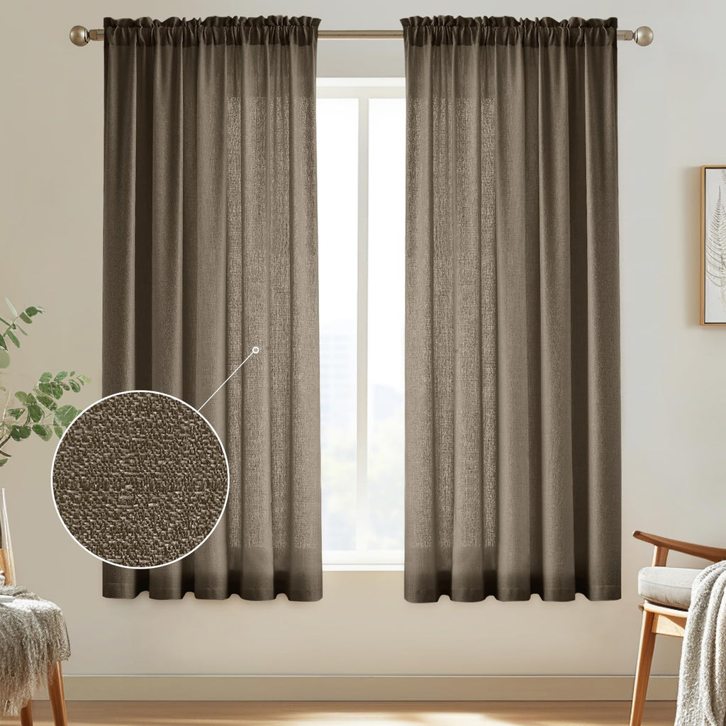 Melodieux Brown Semi Sheer Curtains 72 Inches Long for Bedroom, Living Room Linen Look Privacy Window Rod Pocket Sheer Drapes, 5