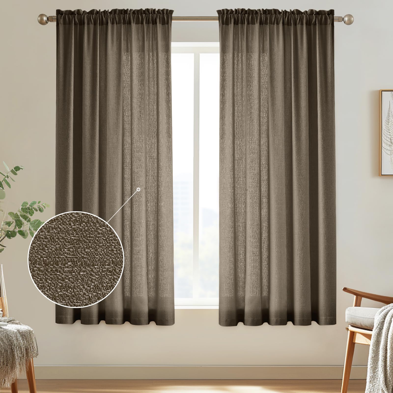 Melodieux Brown Semi Sheer Curtains 72 Inches Long for Bedroom, Living Room Linen Look Privacy Window Rod Pocket Sheer Drapes, 5
