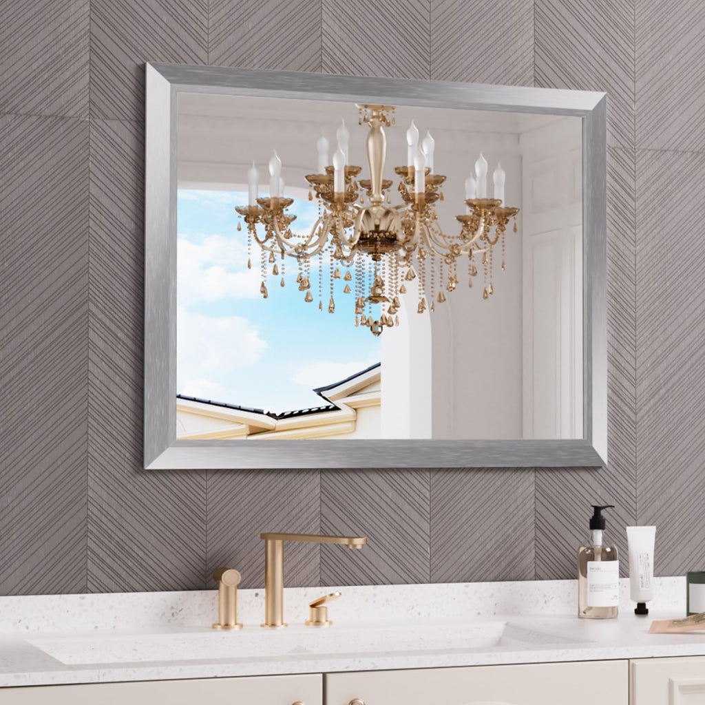 Amorho 40x32 Inch Bathroom Mirror Silver, Thick Metal Framed Wall Mirrors for Over Sink, Brushed Nickel Mirror Perfect for Bedro