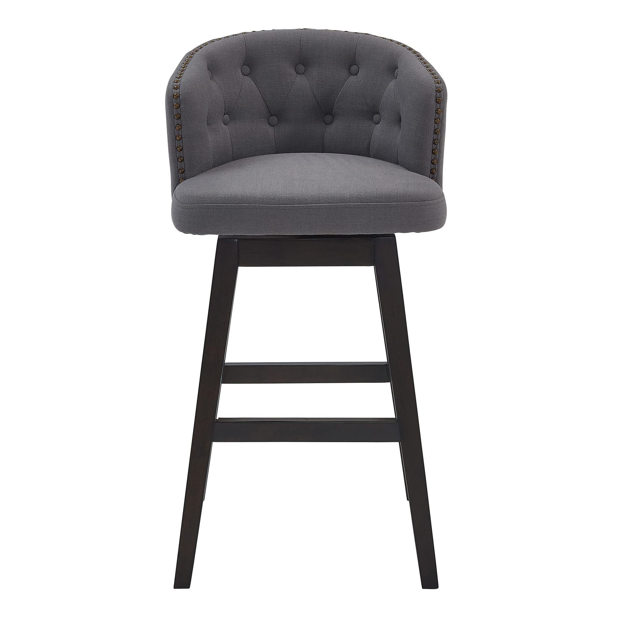 HomeRoots Gray Wood, Foam, Fabric, Metal Turnplate/Kickplate 30' Grey Tufted Fabric and Dark Espresso Wood Swivel Bar Stool