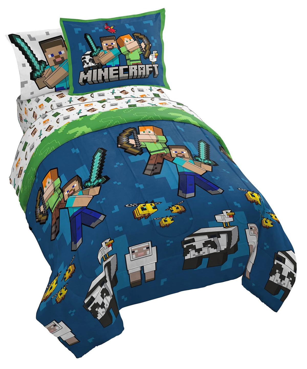 Jay Franco Minecraft Twin Comforter Set - 5 Piece Bedding Includes Sheet Set & Pillow Covers - Super Soft Kids Bedding Features