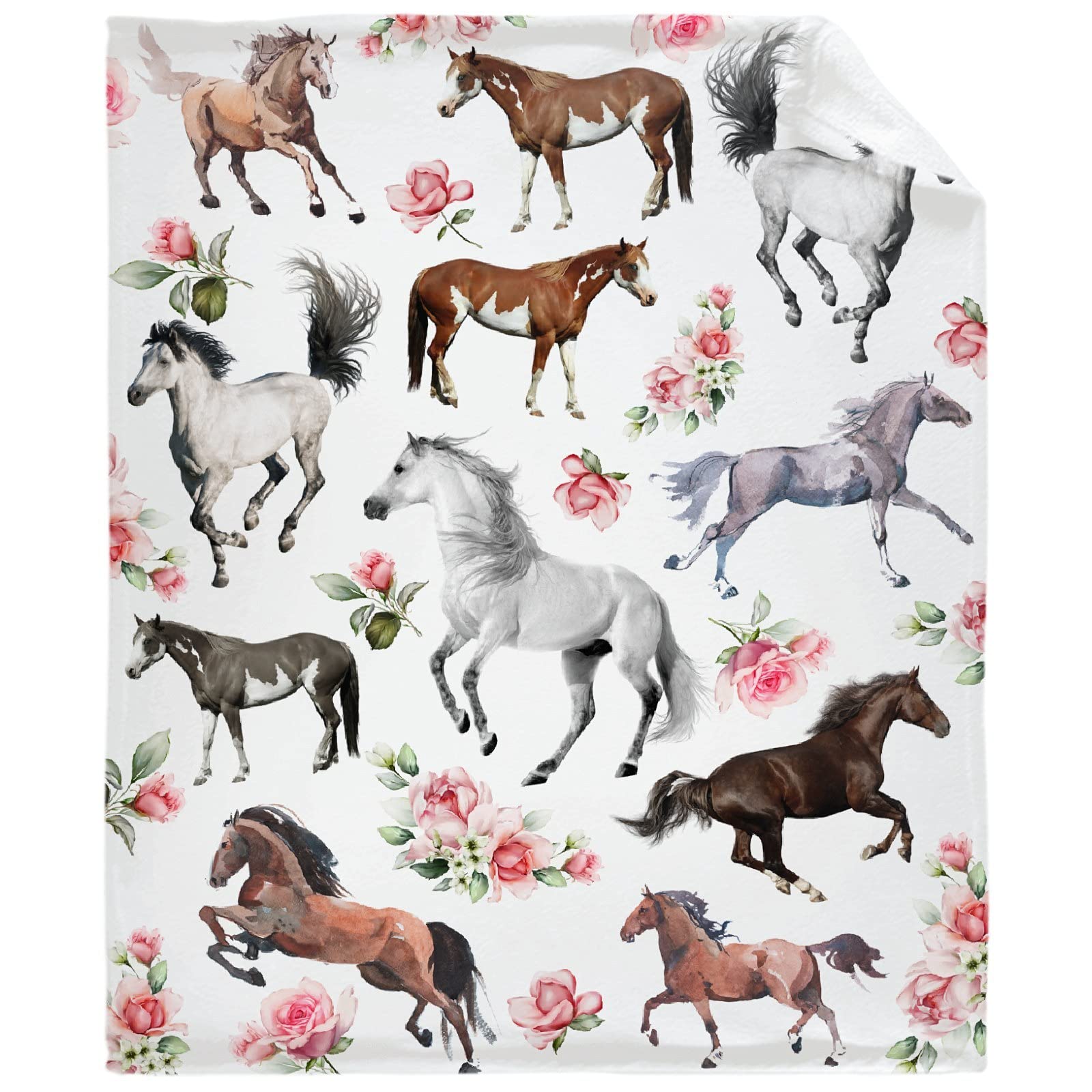 Horse Rose Throw Blanket Soft Flannel Fleece Velvet Plush Personalized Throws Fuzzy Warm Cozy Soft Bedding Blankets Anti-Pilling
