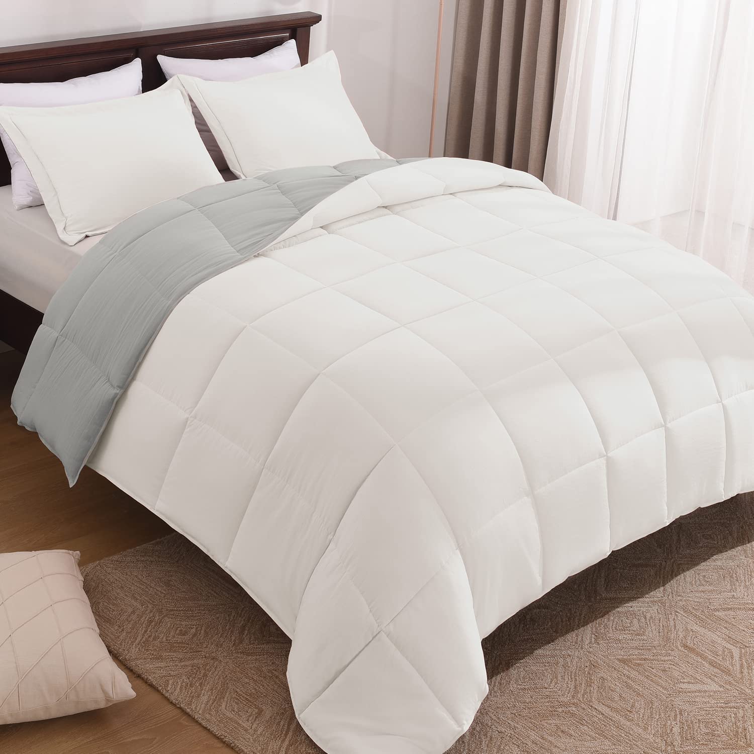 Basic Beyond Queen Comforter Set - Fluffy Comforter Queen Set For All Seasons - Reversible White Queen Comforter Set For Mens - 3 Pieces (1 Comforter + 2 Pillow Shams) - White/Grey