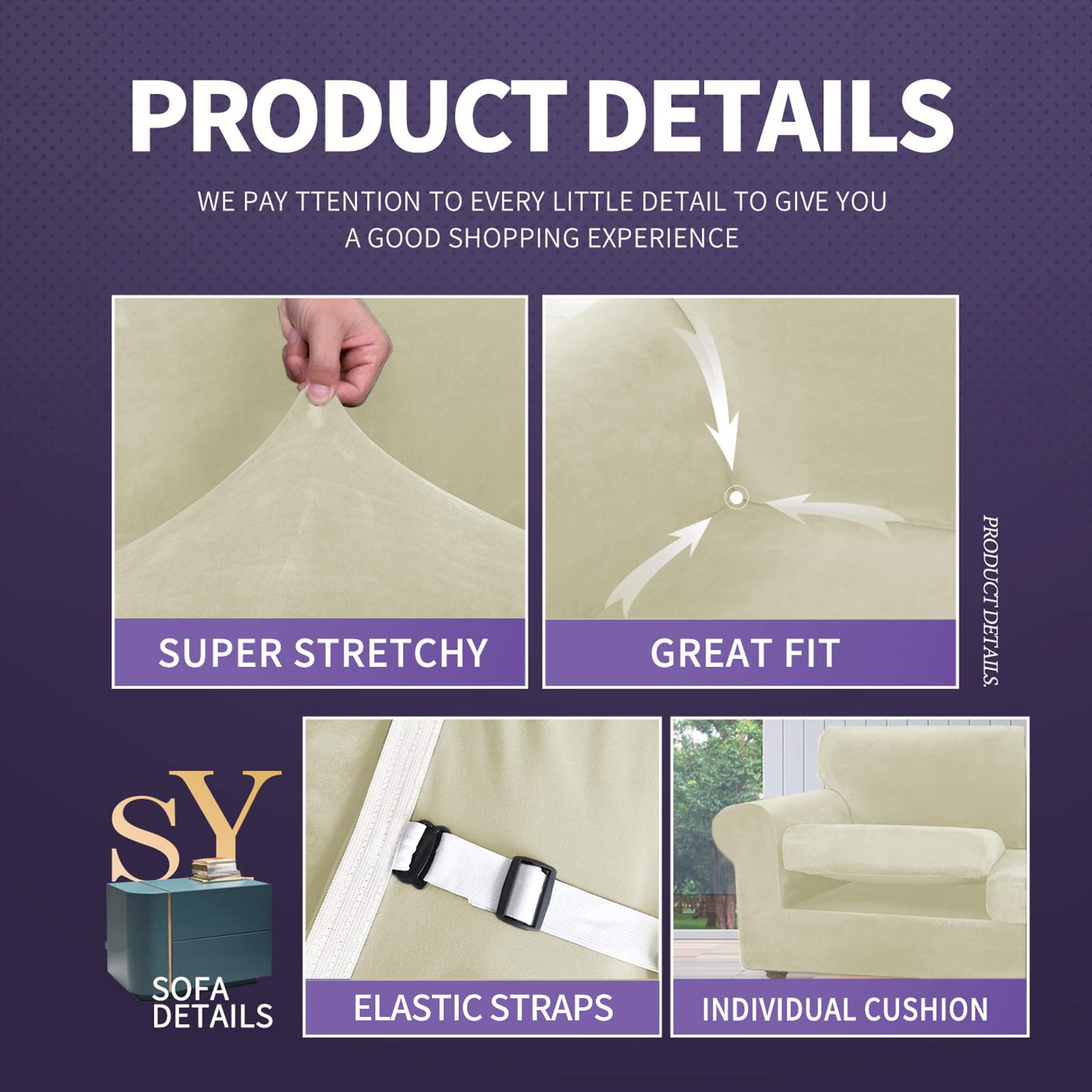 Znsayotx Luxury Velvet Couch Cover 4 Piece Stretch Sofa Covers For 3 Cushion Couch Thick Soft Spandex Sofa Slipcover Living Room Anti Slip Dogs Furniture Protector (Beige), 71'-91'(3 Cushions)