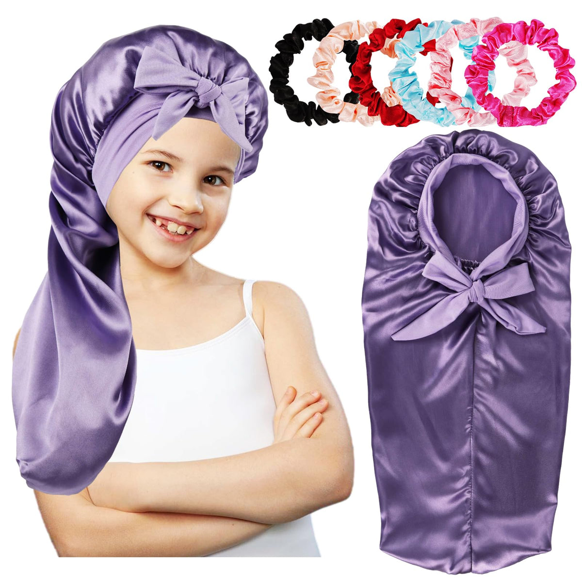 Long Kids Bonnets for Girls,Bonnet for Sleeping Kids,Satin Bonnet for Kids Braids,Curly Hair (Purple)