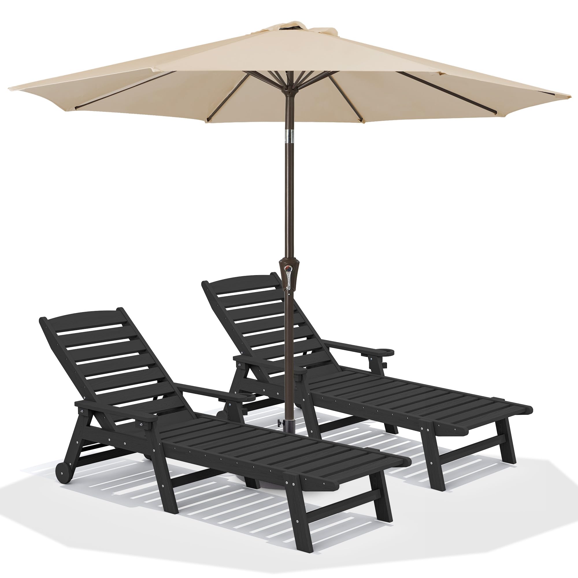SERWALL Patio Chaise Lounge Chair Set of 2 with 9FT Patio Umbrella, 78 HDPE Outdoor Lounger, Poly Lounge Chair with Rolling Wh