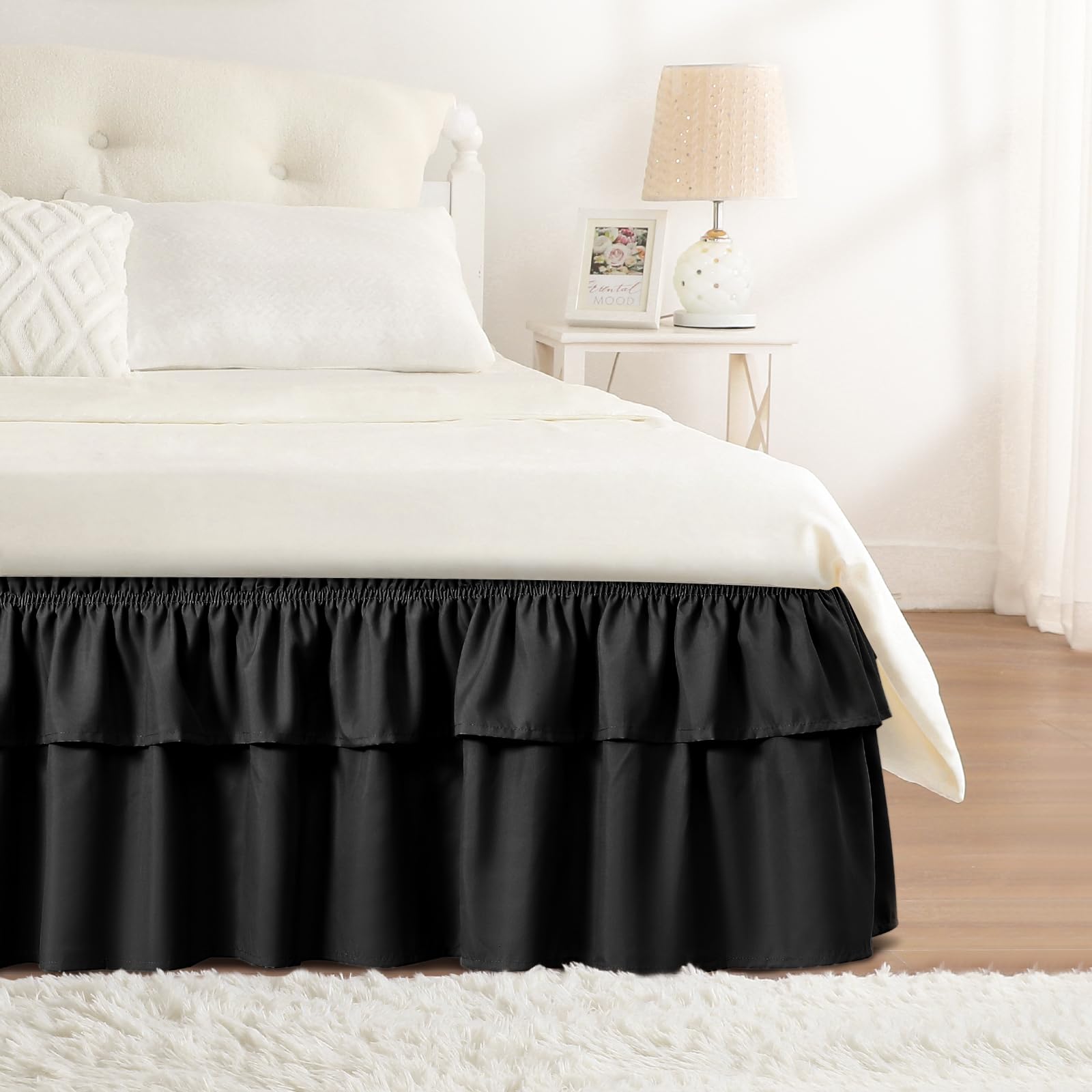 Rimela Ruffle Bed Skirt Black Queen 15 Inch Drop, Elastic Wrap Around Bed Skirting Queen Size, Easy To Install Dust Ruffle, Mach