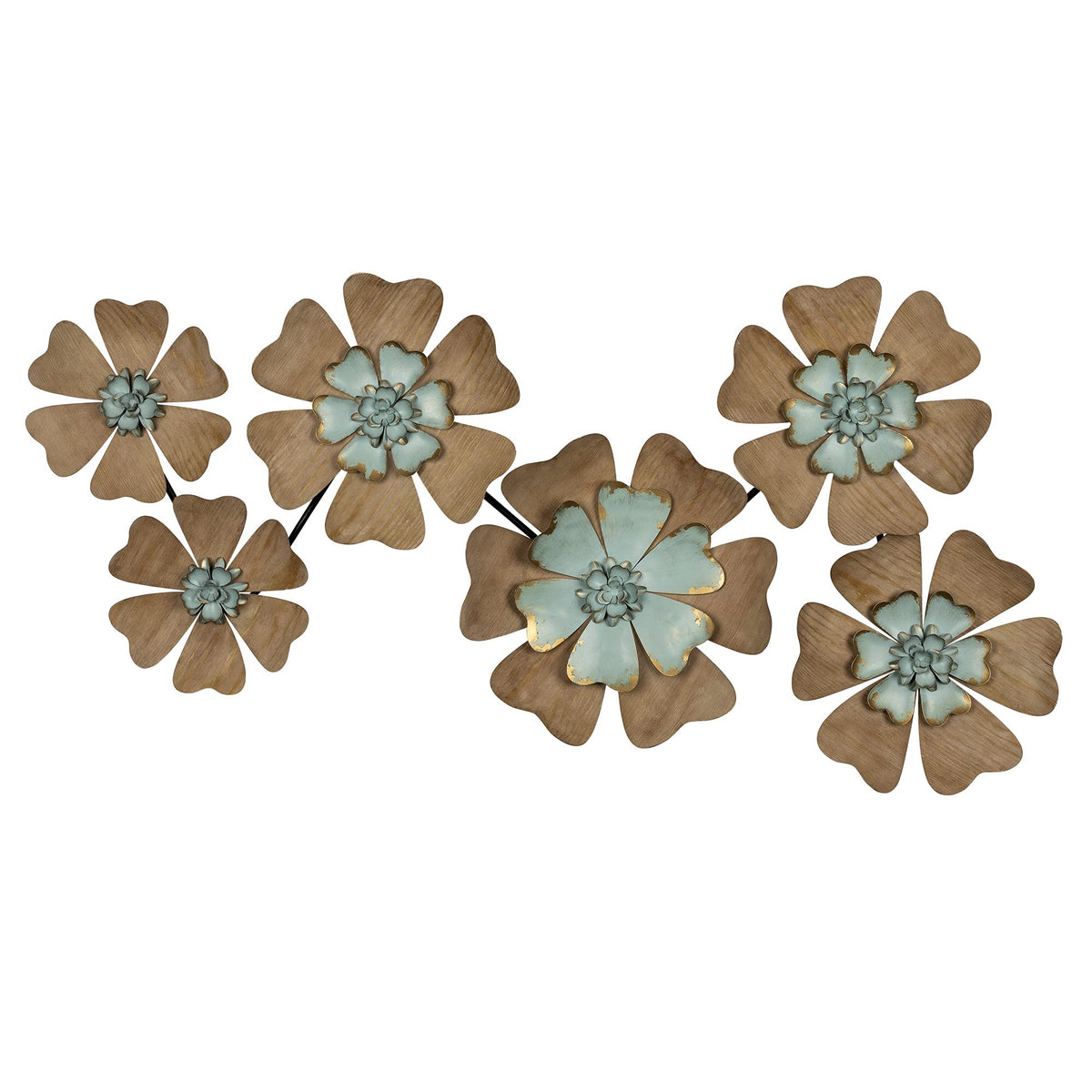 HomeRoots Multi 70% Metal30% Wood Fun Flowers Natural Wood and Aqua Blue Wall Decor