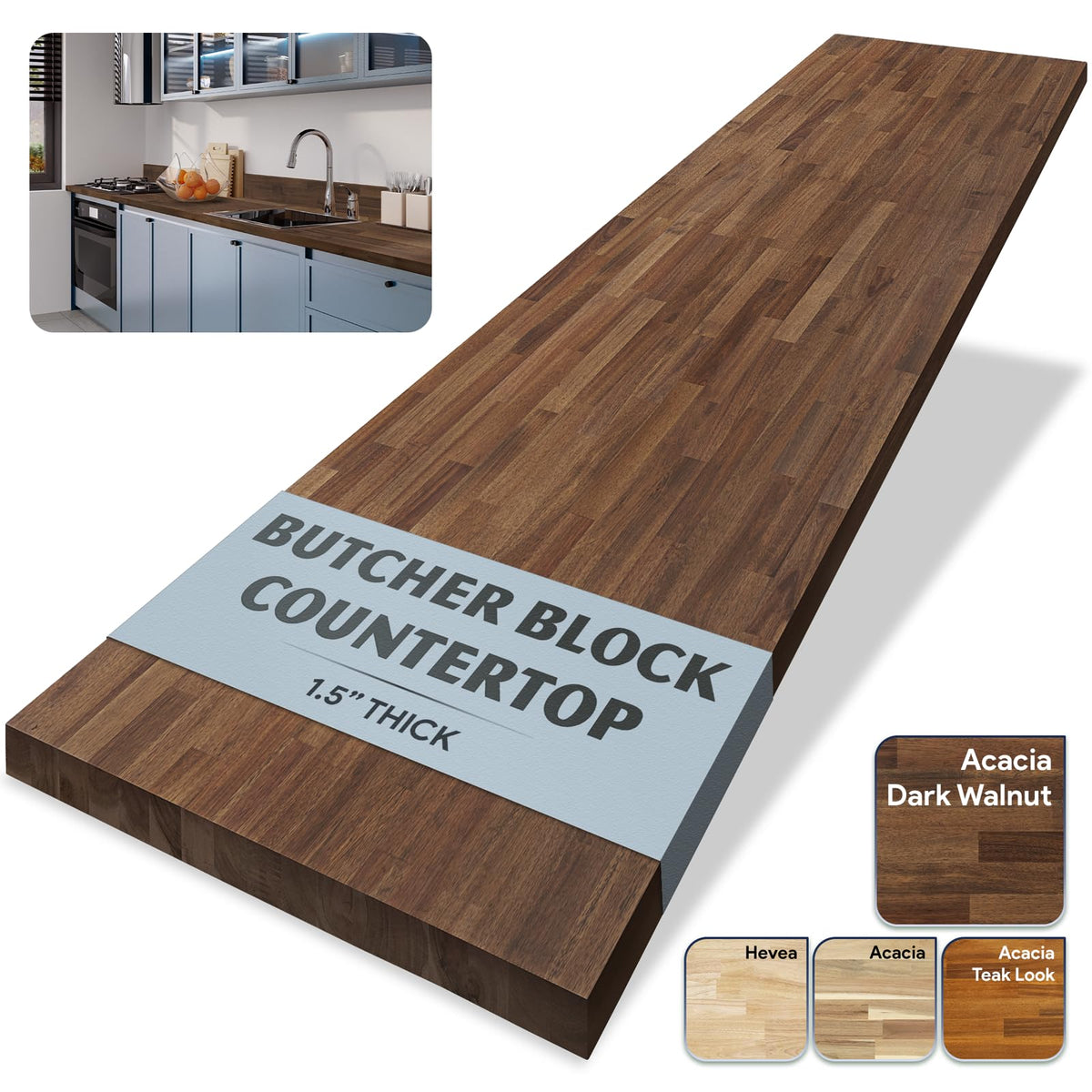 Howizz 60 X 25 X 1.5 Dark Walnut Stained Acacia Butcher Block Countertop, Prefinished Solid Wood Butcher Block Table Top For Isl