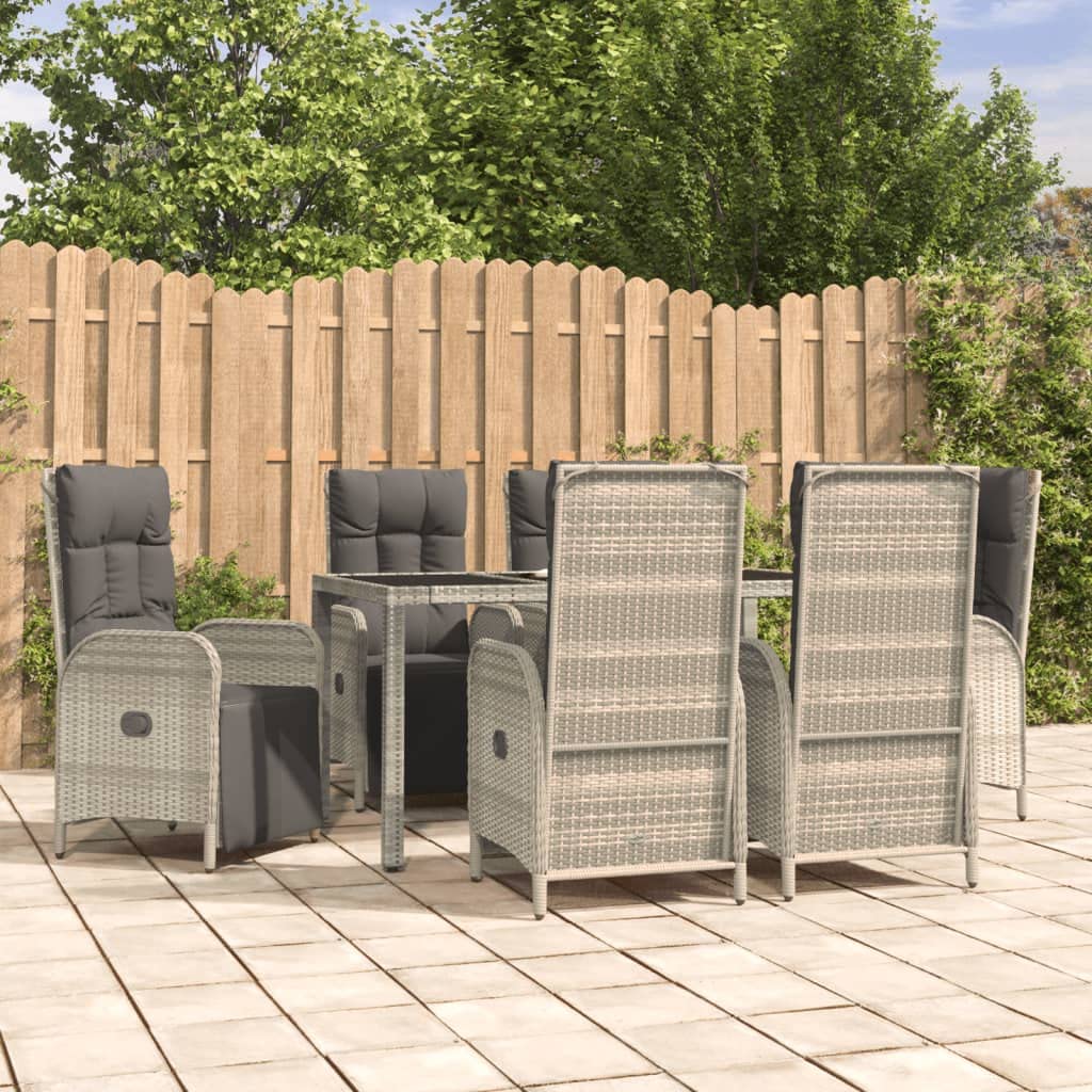 vidaXL 7-Piece Patio Dining Set with Reclining Chairs - Weather-Resistant PE Rattan Construction - Elegant and Modern Outdoor Furniture Set with Tempered Glass Tabletop - Gray