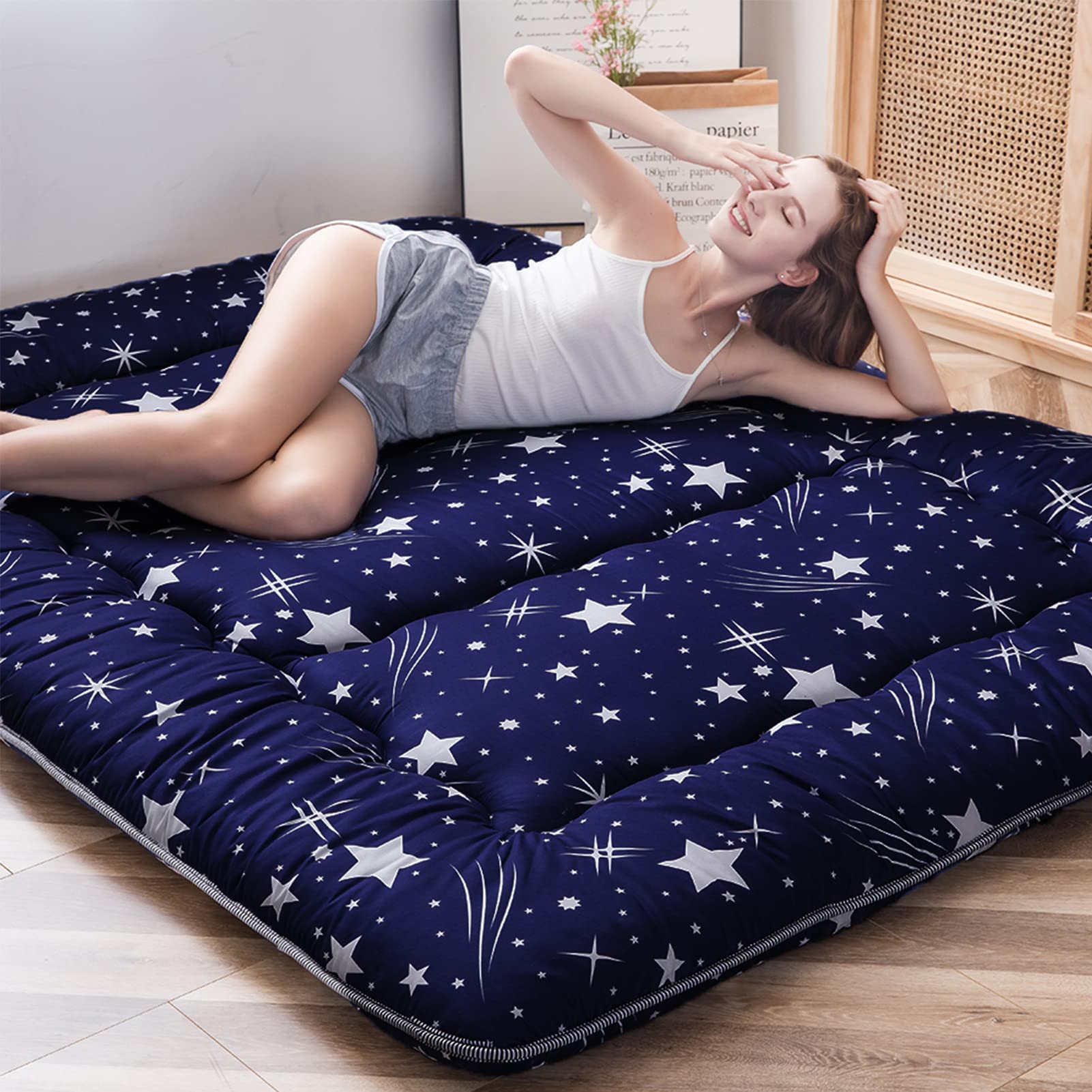 Maxyoyo Navy Starry Sky Japanese Floor Futon Mattress, Tatami Floor Mat Portable Camping Mattress Kids Sleeping Pad Foldable Rol