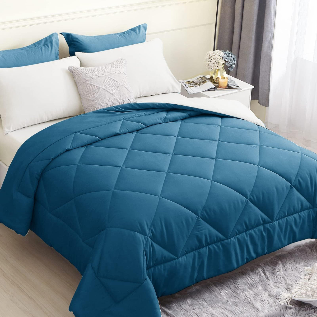 Hevumyi King Size Comforter Set 7 Pieces, All Season Reversible Teal Bed In A Bag King, Down Alternative Bedding Sets With Comfo