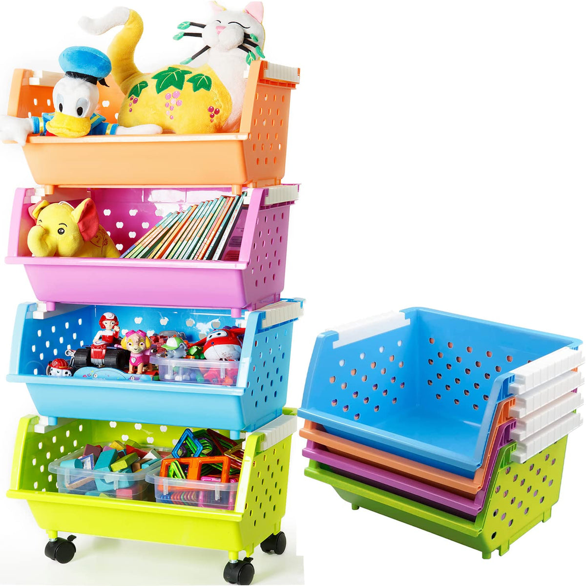 Magdesigner Kids' Toys Storage Organizer Bins Baskets With Wheels Can Move Everywhere Large 4 Baskets Natural/Primary (Primary Collection) (Purple&Blue&Orange&Green)