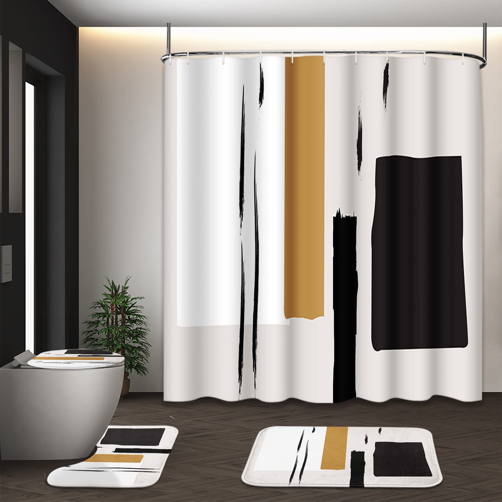 Tayney Boho Mid Century Shower Curtain Set with Toilet Lid Cover and Non-Slip Rugs, Abstract Line Art 4 Pcs Shower Curtain Set, 