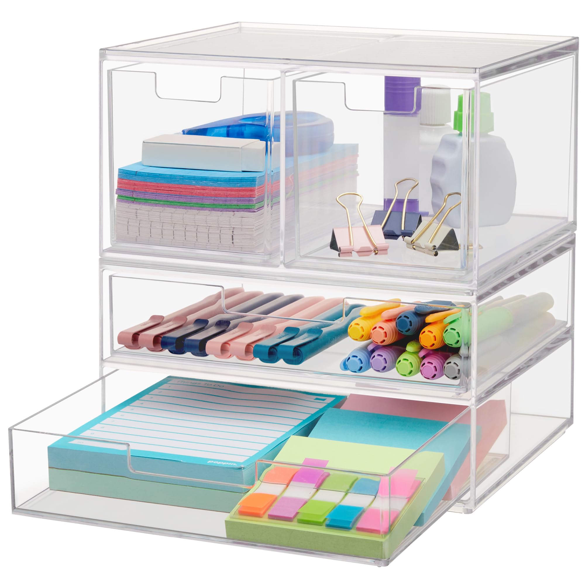 Stori Chloe Space-Saving Clear Drawer Organizer (4 Drawer Set) Sort Office, Kitchen, Beauty Supplies, Makeup, Pens, Jewelry, Sta