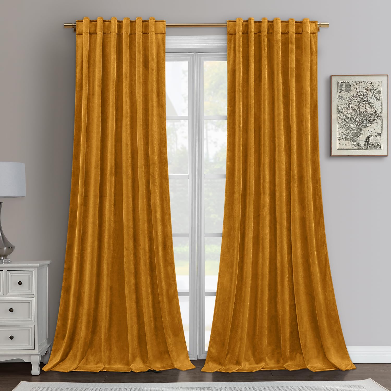 Homeideas Mustard Yellow Velvet Curtains 84 Inches Long 2 Panels Thick And Luxury Room Darkening Curtains Halloween Curtains/Dra